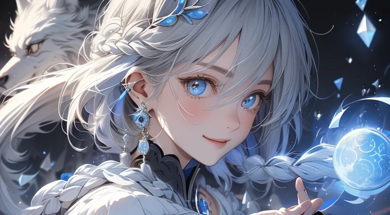 masterpiece: 1.7, highest quality、(Extremely detailed CG、Ultra-detailed、Best Shadow:1.3)、solo、Picturesque、sketch、Paper Texture、超A high resolution、Highly detailed face、Highly detailed eyes、Flat Color、Limited palette、High Contrast、Realistic、Best lighting、welcome、elegant、Leprechaun、Mature Woman、Beautiful woman、Jewel Eyes、Gray Hair、Straight hair、Blue Gem、Smile a little、Blanche:1.5、(Tangleの、Mandala、Tangle、Intertwined:1)、beast of light on the background、Summoner、Sacred Beast、Wolf