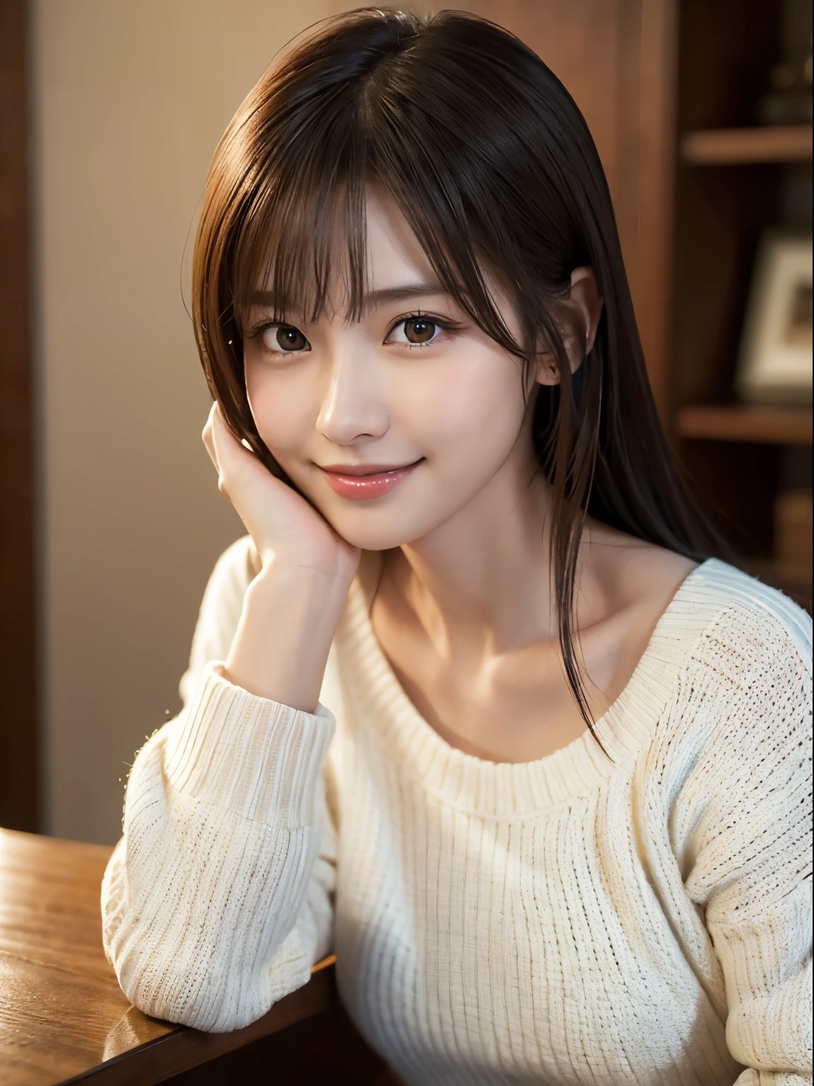 1 Japanese girl,(White sweater:1.4), (RAW Photos, highest quality), (Realistic, Photorealistic:1.4), Tabletop, Very delicate and beautiful, Very detailed, 8k wallpaper, wonderful, In detail, Very detailedなCG Unity, High resolution, Soft Light, Beautiful Details 19 years old, Very detailedな目と顔, Beautifully detailed nose, Beautiful fine details,Cinema Lighting,Perfect Anatomy,Slender body,smile  (Asymmetrical bangs,)