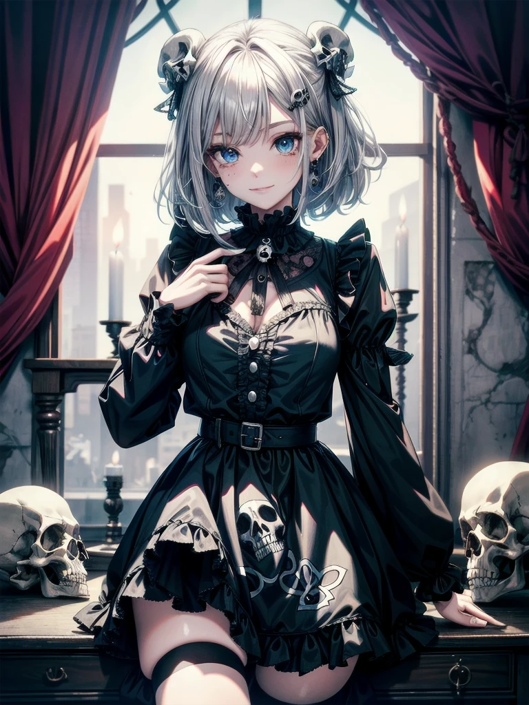 whole body, inside basement, skirt, shirt, long sleeves, frills, smile, creepy, skulls, candle, hair ornament, bone, doll, tapestry, Magic Circle, horror theme, absurdres, RAW photo, extremely delicate and beautiful, masterpiece, Best Quality, ultra high resolution, 32k, hyperrealistic, ultra-detailed, detailed description, pale skin, 20 years old, detailed beautiful face and eyes, tearful mole, earring, Colossal tits, short medium hair, wavy hair,