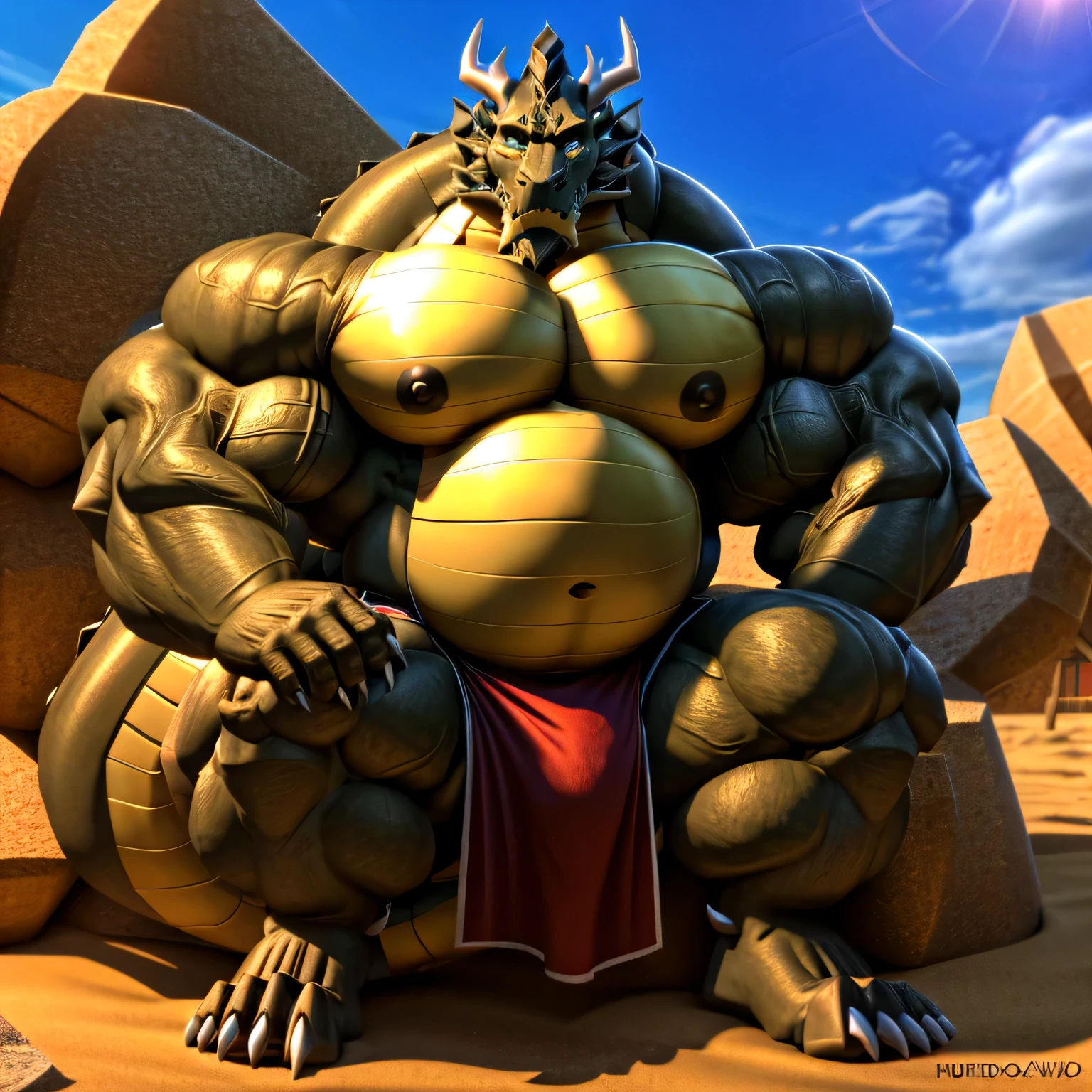 shendu, eastern dragon king, male dragon, eastern dragon,hefty body, with very big muscles, hulking, huge, colossal body, extremely strong, big abdominal muscles, hefty musclegut, pecs, Strong and robust musclegut , prominent muscle abs, sharp claws, legs, feet, full body, loincloth, nipples, sunlight, daylight, outdoor, bright , at noon, good weather, 4k, best quality,