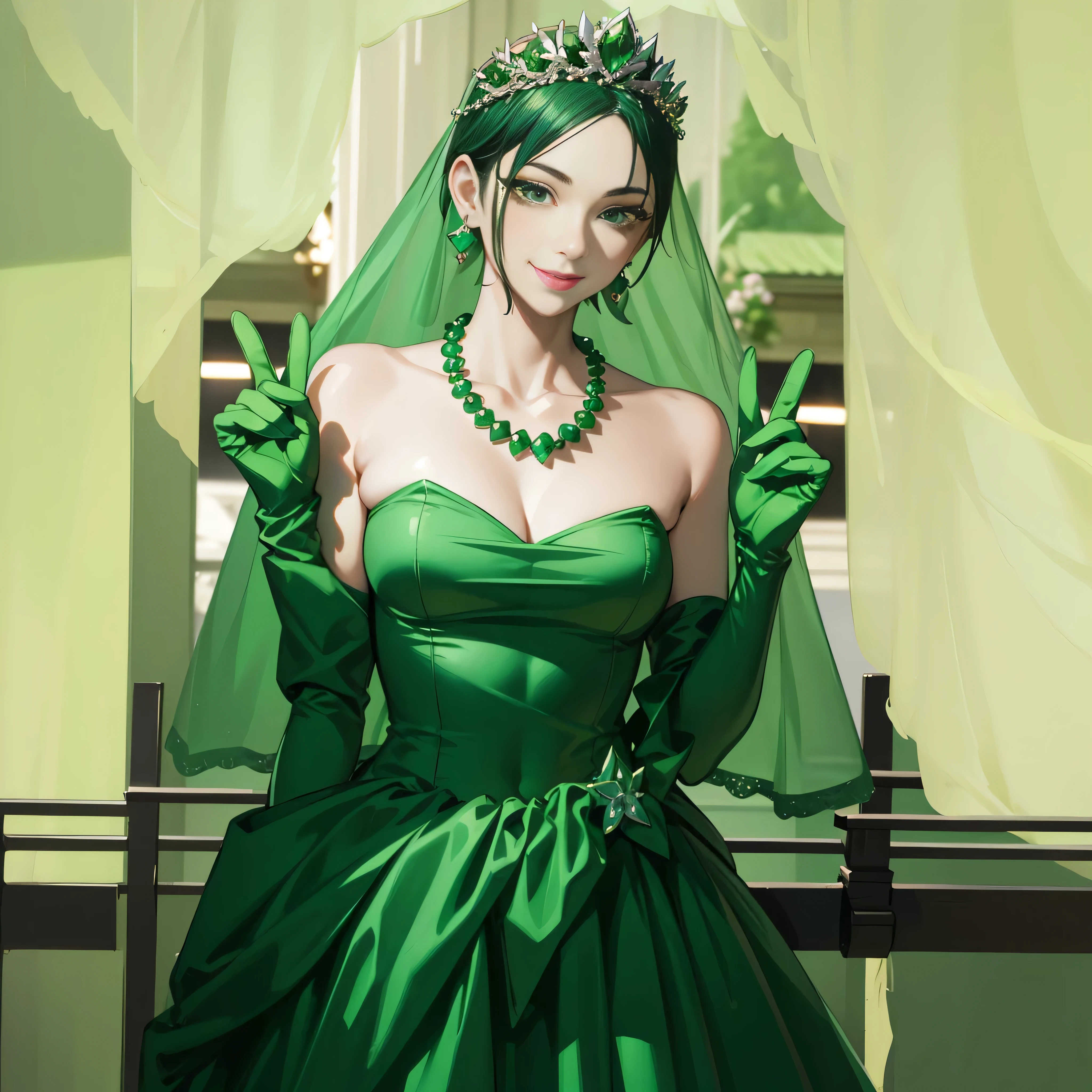Emerald tiara, Green Pearl Necklace, Boyish very short green hair, lipstick, Smiling Japanese woman, Very short hair, Big and beautiful, Green Eyes, Long green satin gloves, Green Eyes, v sign, Emerald Earrings, Green veil
