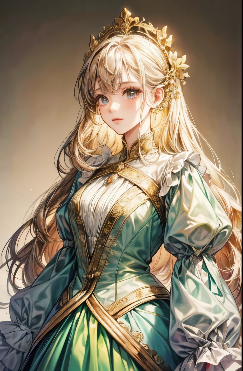 A girl in a baroque-style setting, wearing a long dress with long sleeves. Her attire is elegant and her dress has vibrant colors. The focus of the image is on the girl's upper body. The image should have the highest quality and be ultra-detailed.