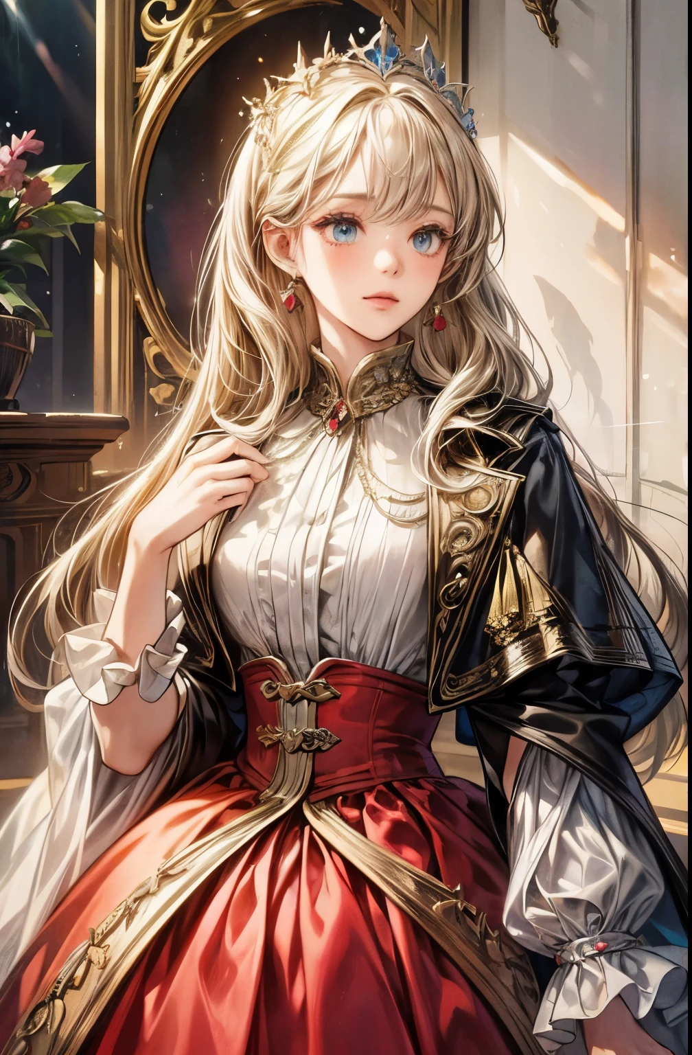 A girl in a baroque-style setting, wearing a long dress with long sleeves. Her attire is elegant and her dress has vibrant colors. The focus of the image is on the girl's upper body. The image should have the highest quality and be ultra-detailed.