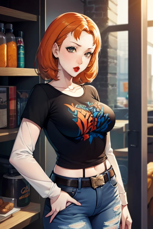 annette_war ,glossy lips, light makeup ,orange hair ,1girl, solo, standing, black t-shirt, white shirt, jeans, belt, lipstick, large breasts