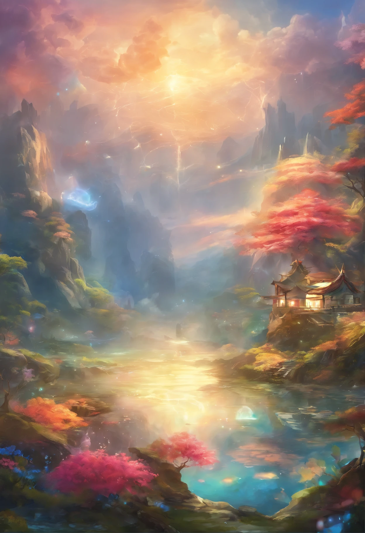 太陽はShine,Edges shine,Inner brilliance,One Fish,Betta,Nice tail,colorful,Wandering in the clouds,(White cloud),colorful light,Rainbow-colored,Shine,(Irregular light spots),High-end products,8k,detailed,Ray Tracing,Depth of written boundary,Cinema lighting,