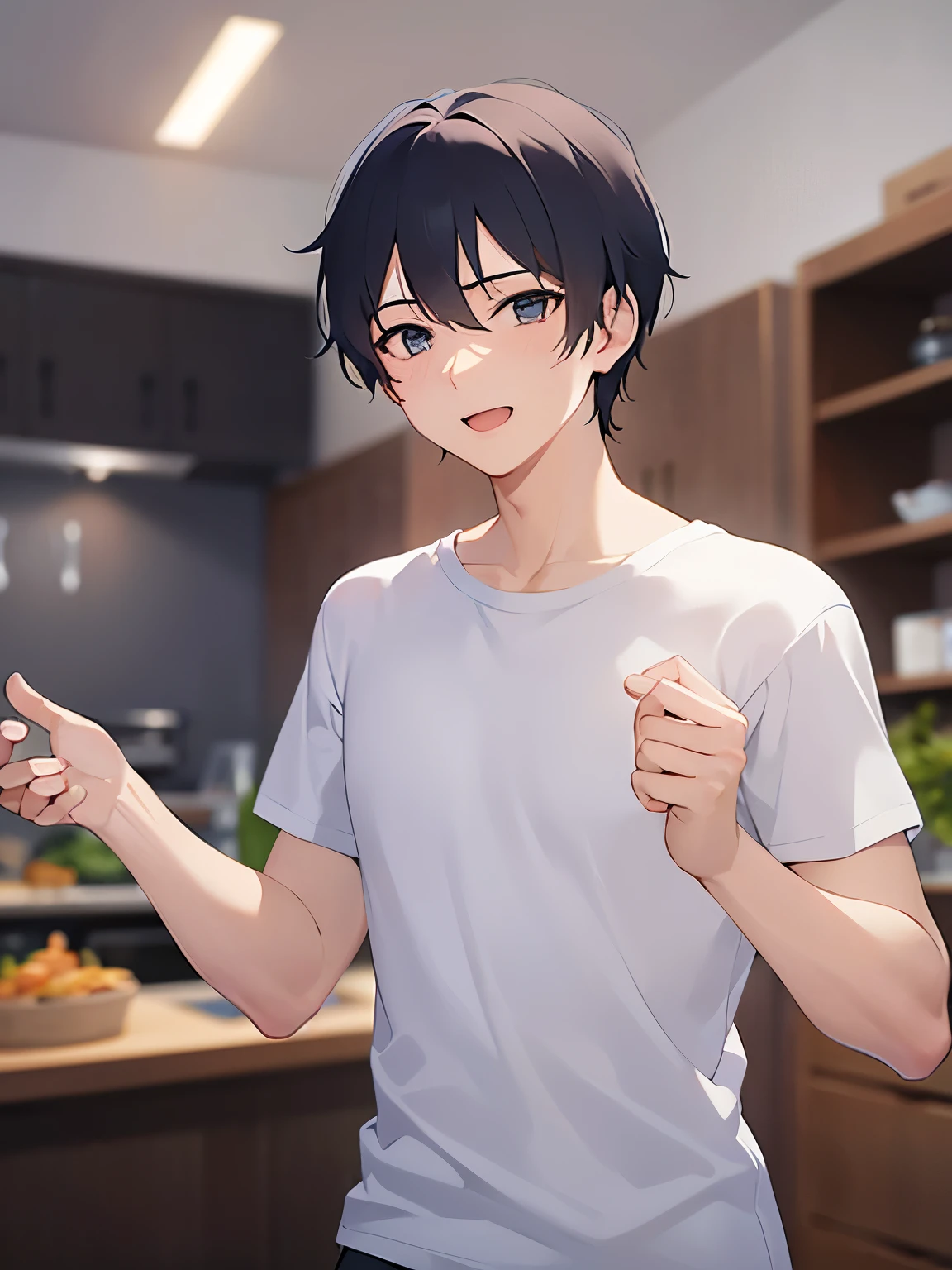 joy、Is making a fist pump、Biologically correct five fingers、extremely detailed CG, 8k, super fine illustration, upper body, masterpiece, top quality, masterpiece, top quality, (25 year old man: 1.5) and (short black hair) and (blue eyes) , (white T-shirt:1.5), standing, smile, The background is the living room, (alone: 1.5),