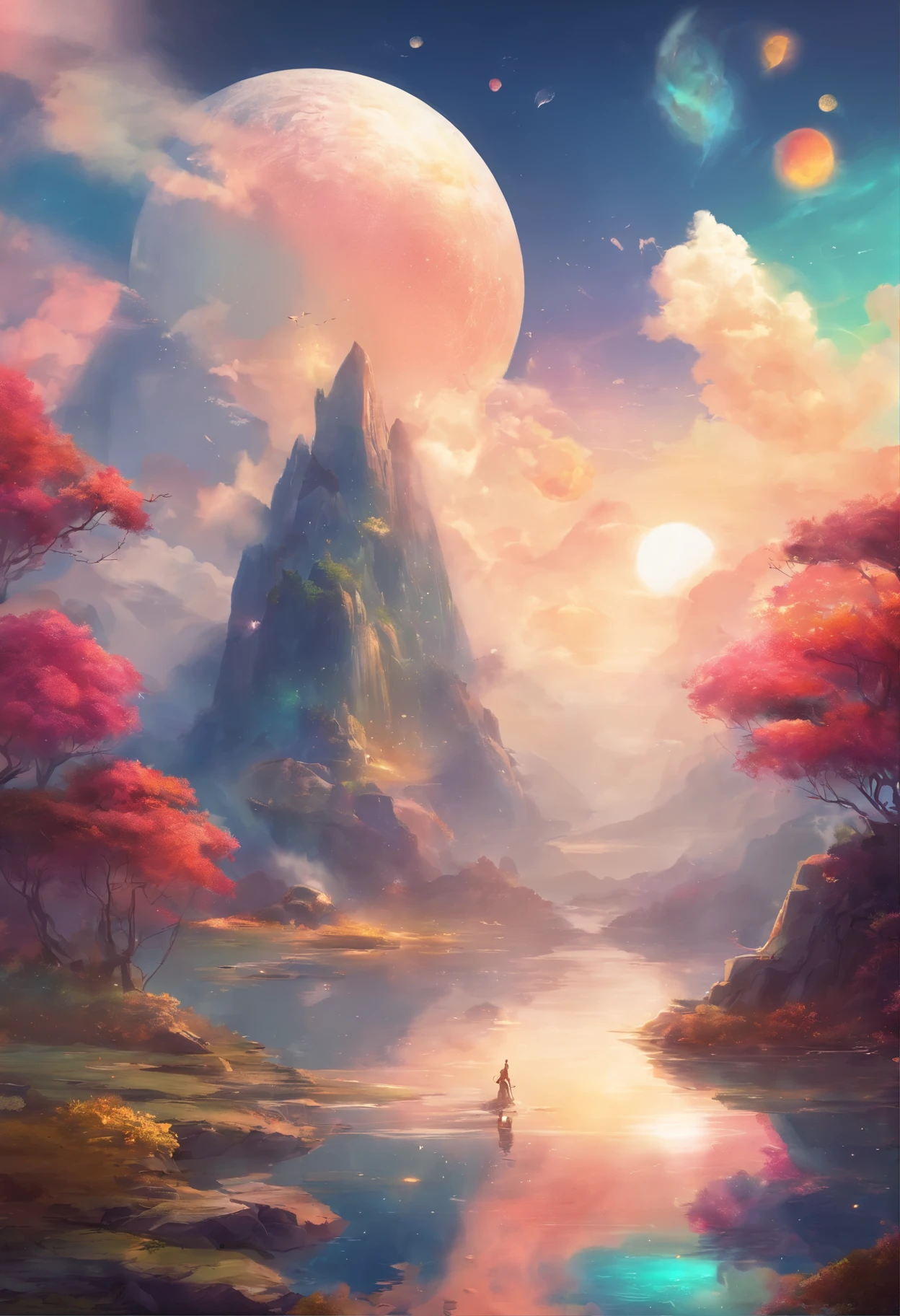 太陽はShine，Edges shine，Inner brilliance，One Fish，Betta，Nice tail，colorful，Wandering in the clouds，（White cloud），colorful light，Rainbow-colored，Shine，（Irregular light spots），High-end products，8k，detailed，Ray Tracing，Depth of written boundary，Cinema lighting，
