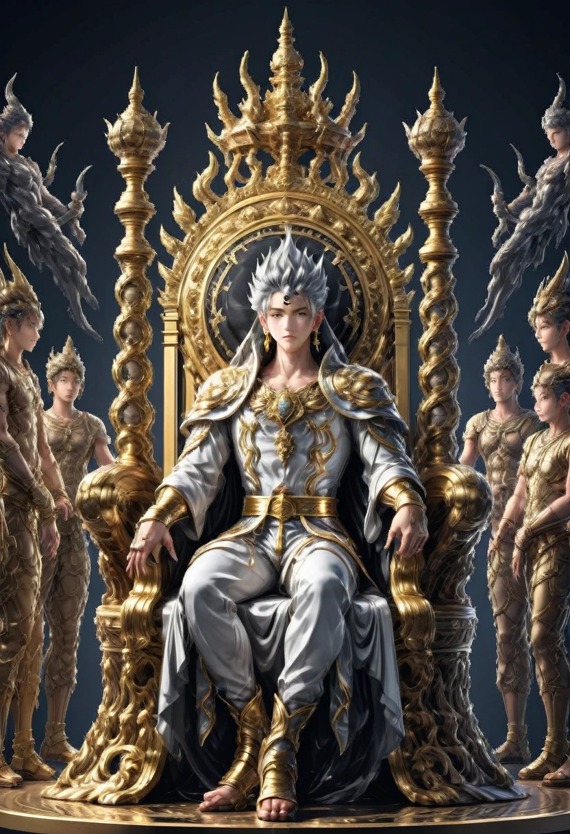 arafed statue of a man sitting in a golden throne surrounded by other people, detailed digital anime art, goddess. extremely high detail, intricate ornate anime cgi style, 8k high quality detailed art, fit male demon with white horns, artstation masterpiece, 2. 5 d cgi anime fantasy artwork, baroque vaporwave statue, high detailed official artwork