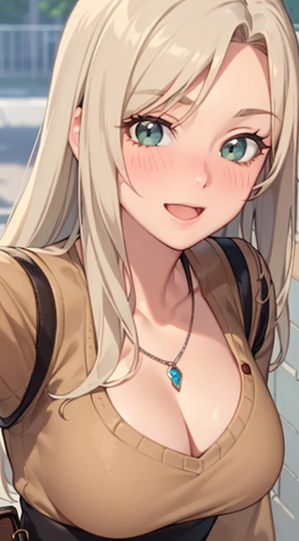 ((masterpiece, best quality, highres, UHD, RTX, perfect pixel, depth of field, 4k, extremely-detailed))), 1girl, single, solo, beautiful anime girl, beautiful artstyle, anime character, ((long hair, parted bangs, middle part hair bangs, dark blonde hair)), ((green eyes:1.4, rounded eyes, beautiful eyelashes, realistic eyes)), ((detailed face, blushing:1.2)), ((smooth texture:0.75, realistic texture:0.65, photorealistic:1.1, anime CG style, vibrant color)), ((medium breasts, cleavage, busty)), dynamic angle, perfect body, ((POV, dynamic pose, close up, looking at viewer)), ((brown sweater, long sleeve, black skirt, fashionable, single handbag, 1diamond necklace)), smile, open mouth, embrassed, amusement park