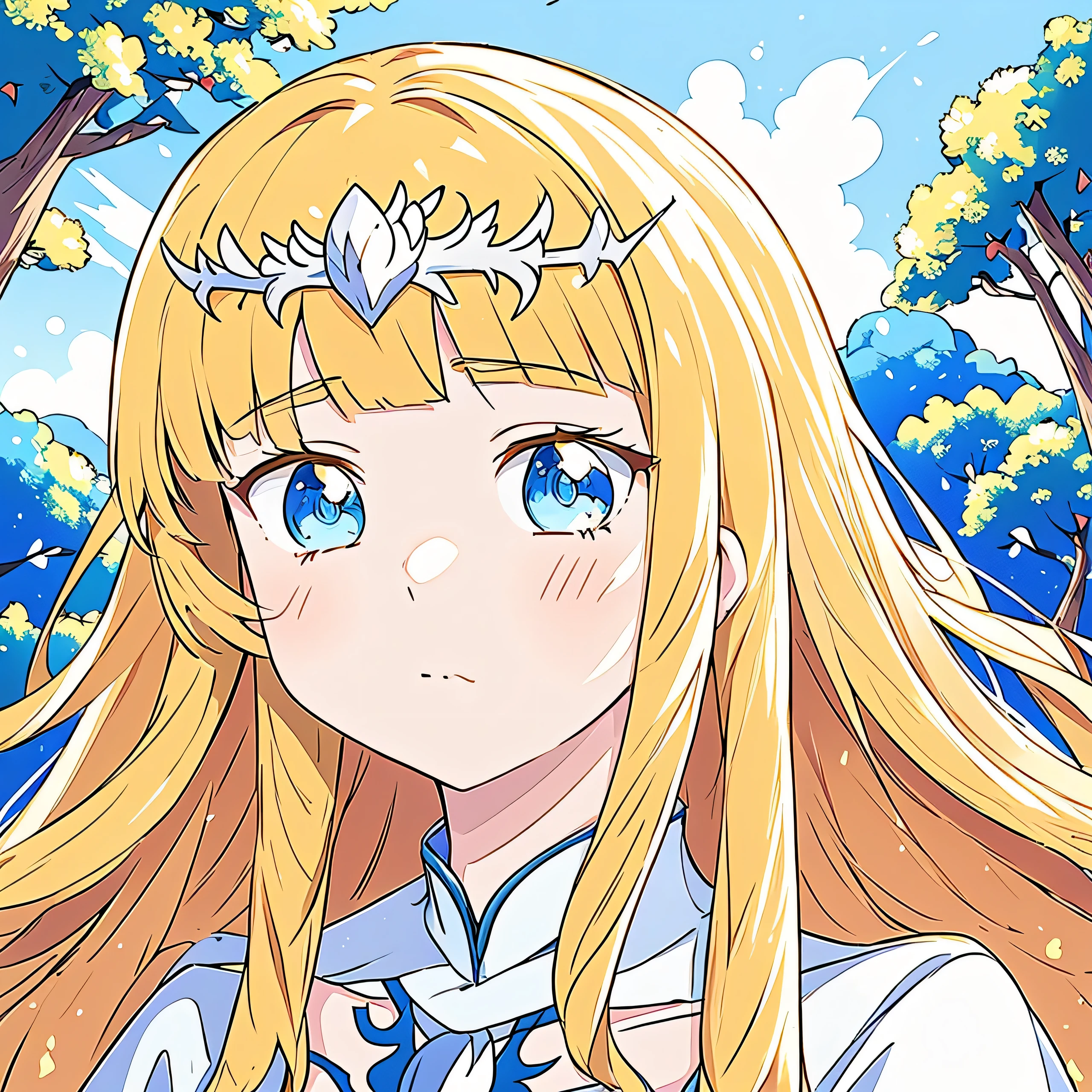  anime. soft lighting, anime,artwork in the style of Gweiz,  portrait of anime, 1girl, solo, calca, blonde hair, , medium chest, extremely long hair, very long hair, extra long hair, white tiara, white dress, blue eyes, forest background, daytime, beautiful sky
