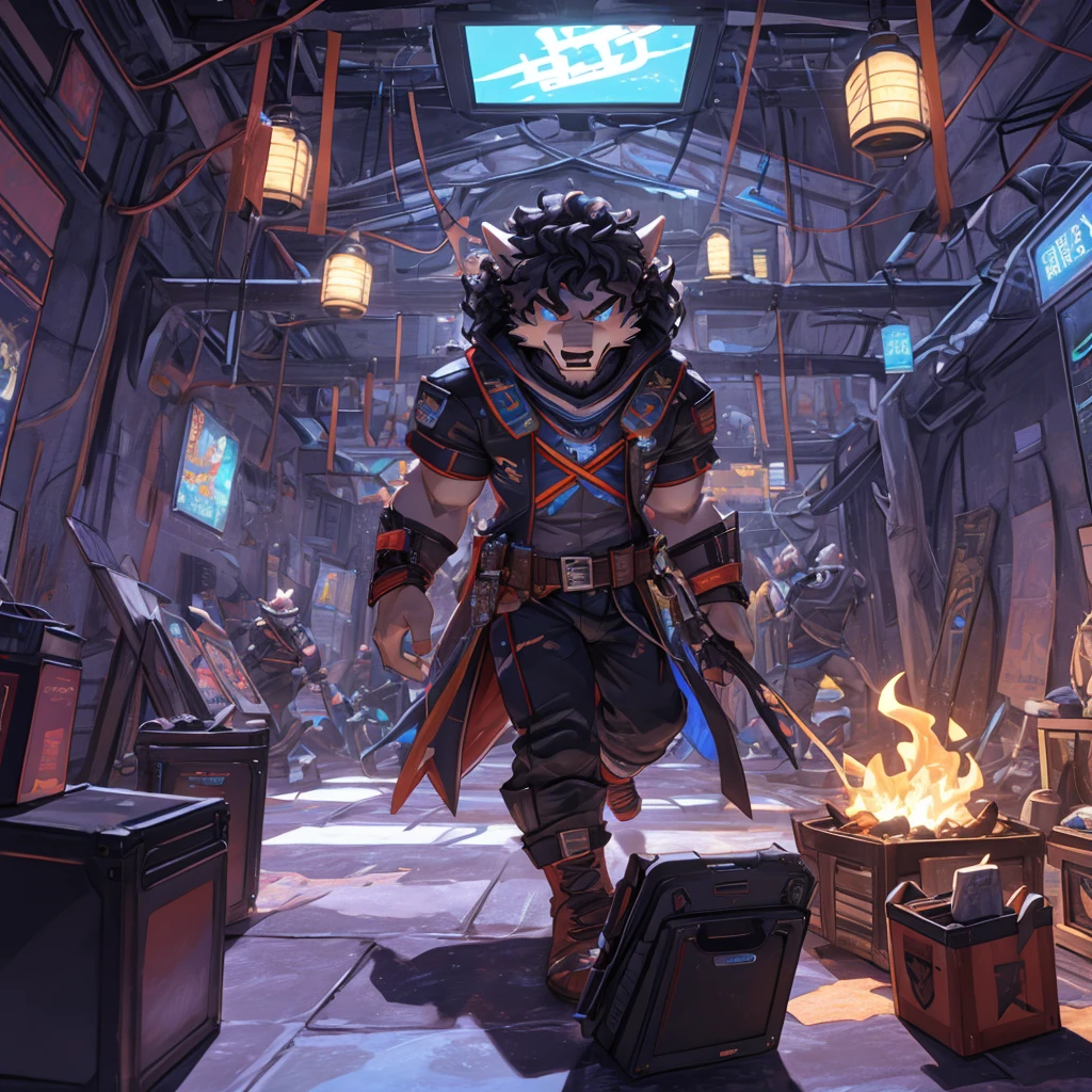 A male character with curly hair inside a game, for a YouTube profile: game character, curly hair, realistic 3D rendering, detailed features, vibrant colors, dynamic lighting, immersive environment, action pose, vivid expressions, game console, game controller, high-resolution graphics, intense gameplay, engaging storyline, epic battles, character customization, virtual reality experience, popular game genre, multiplayer online, immersive sound effects, jaw-dropping visuals, professional gaming, Twitch streaming, competitive gaming community