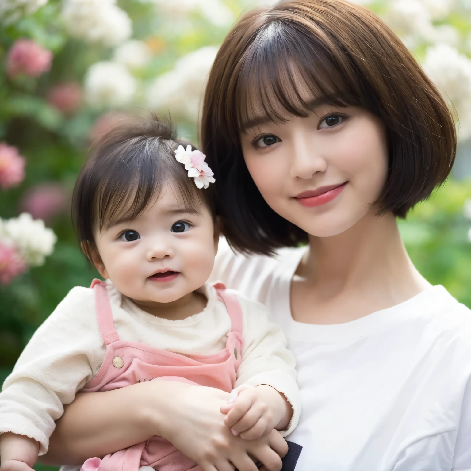 a young woman with short hair aged 20 years, holding a cute and funny baby girl, 6 month old baby girl, looks like an Asian, background in a flower garden, happy expression, high quality, realistic, Ultra-fine, HD, HD, HD picture quality, detail, 18k ultra HD resolution, top effects, masterpiece, Half-length photos.