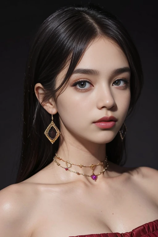 (High resolution 8K), Masterpiece, best quality, realistic ((Medium bust)), hair in one eye, purple eyes, big hoop earrings, sharp eyes, Diamond choker, red gemstone necklace, (symmetrical eyes), (The body is perfectly symmetrical.), Photo of a beautiful 20 year old teenage girl., (The right shape), ((in the teacher&#39;s room)), (black mini skirt), university uniform, (( The young woman wore a tight-fitting white short-sleeved shirt., The buttons are unbuttoned., open chest)) ((Black short pencil skirt The skirt has a deep slit in front of the legs.)), belt, bob, long hair, Lateral smoothness, Blonde hair, Double eyelids, sharp eyeliner, Eye shadow blush with thick eyelashes. Very delicate and beautiful. round chin. Sharp focus. elegant. The study table is full.. Turn your head with your legs open so they are at eye level.. open your legs. Lift your right leg over your left leg.. Let your legs open naturally.. With your legs slightly separated., dynamic gesture, 