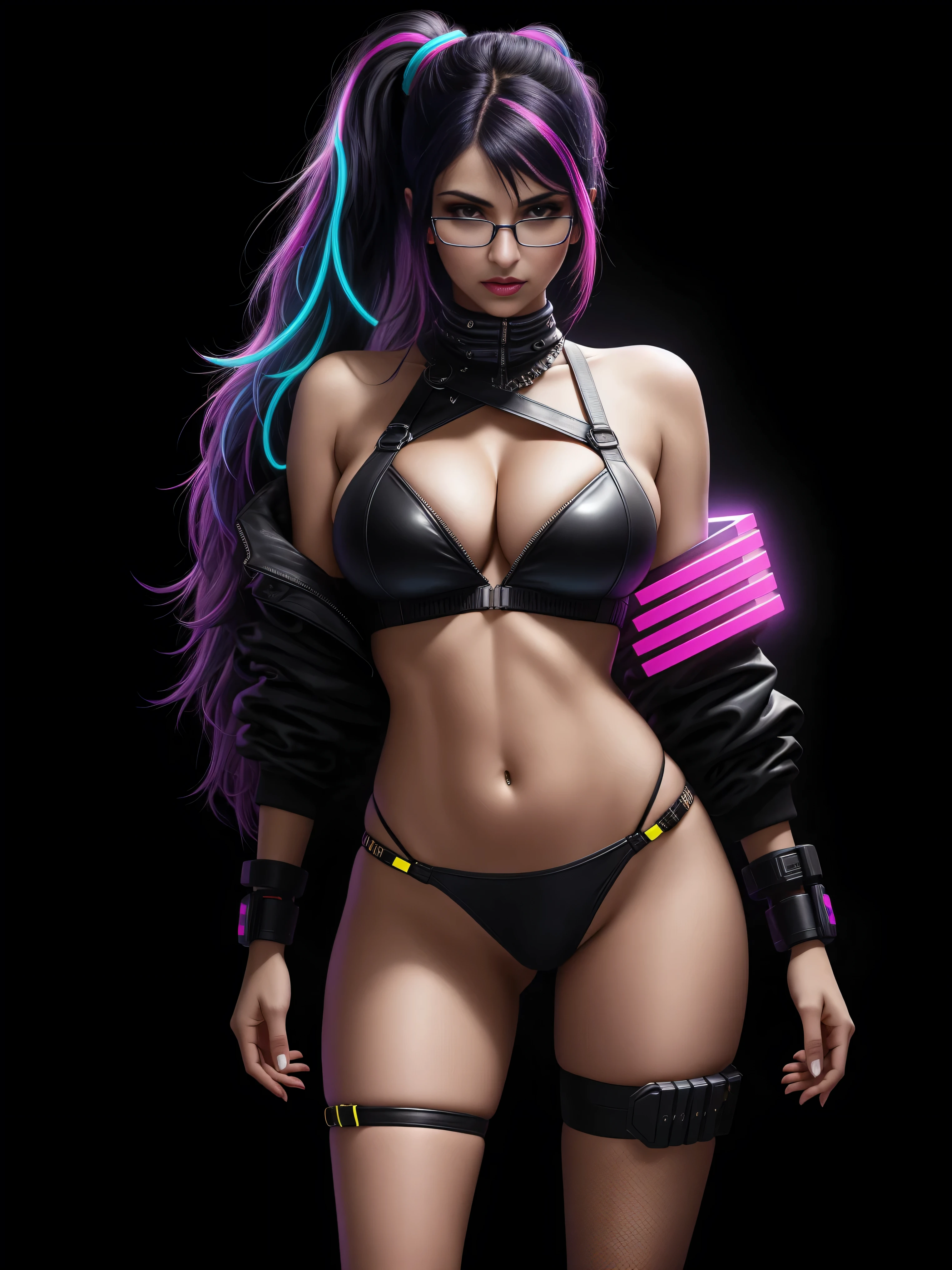 there is Mia Khalifa, royal blue and bright purple neon streaked hair, hair in pony tail, 3 d neon art of a womans body, neon-noir background, cyberpunk femme fatale, seductive cyberpunk dark fantasy, cyberpunk strip clubs, cyberpunk 20 y. o model girl, oppai cyberpunk, banner, high definition cgsociety, cgsociety masterpiece, trending on cgstation, kda, random hair, looking at camera, gigantic breasts, cleavage, (high detailed skin:1.2), 8k uhd, dslr, super lighting, high quality, film grain, high res, highly detailed, hyper realistic, beautiful face, beautiful body, beautiful eyes nose lips, alluring expression, very bold, upper  visible, full body photo, standing legs apart, pale translucent glowing skin, most beautiful face, cute, (well defined pubic hair:1.2)), (dark plain black background:1.4))