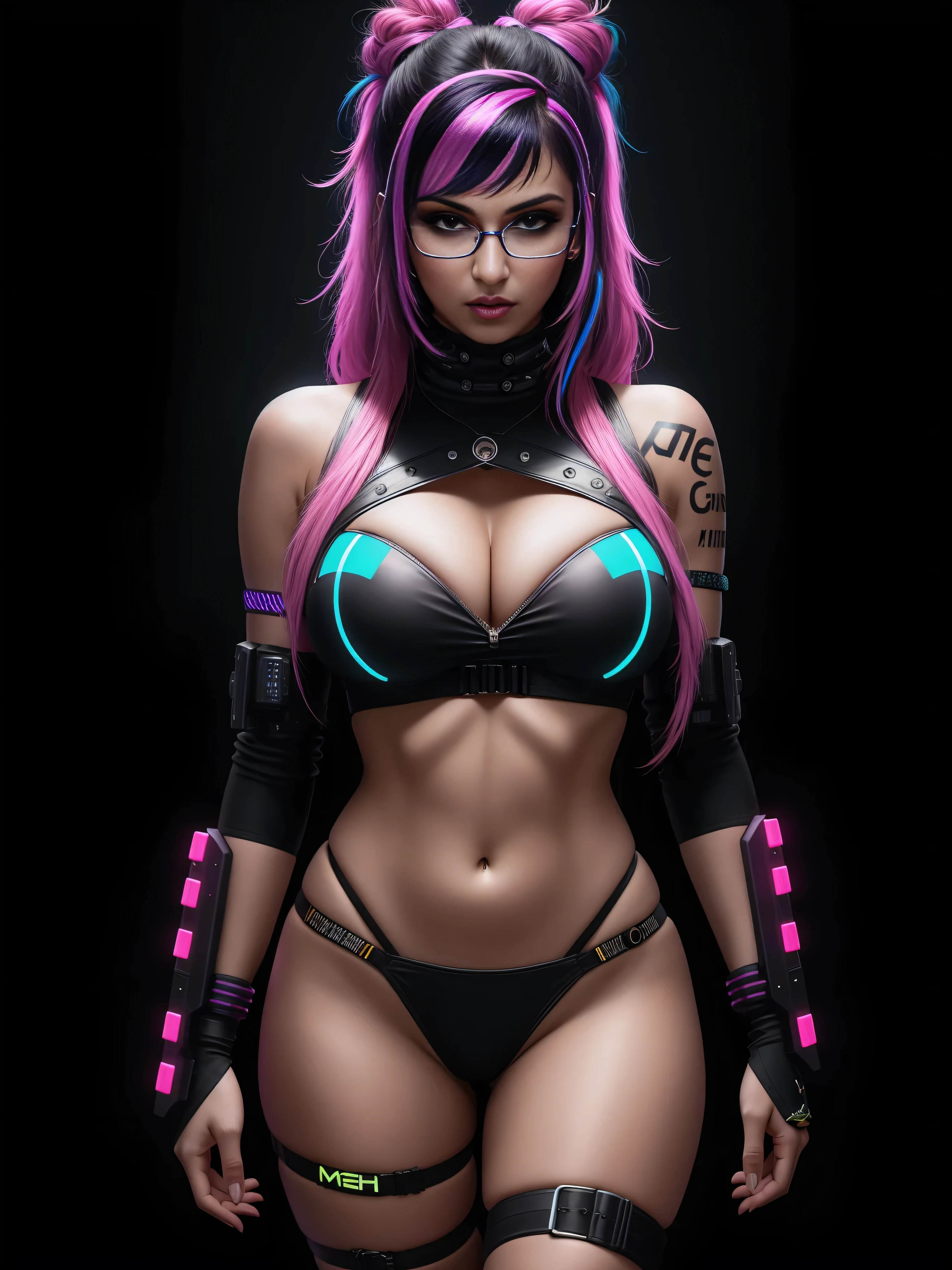 there is Mia Khalifa, royal blue and bright purple neon streaked hair, hair in pony tail, 3 d neon art of a womans body, neon-noir background, cyberpunk femme fatale, seductive cyberpunk dark fantasy, cyberpunk strip clubs, cyberpunk 20 y. o model girl, oppai cyberpunk, banner, high definition cgsociety, cgsociety masterpiece, trending on cgstation, kda, random hair, looking at camera, gigantic breasts, cleavage, (high detailed skin:1.2), 8k uhd, dslr, super lighting, high quality, film grain, high res, highly detailed, hyper realistic, beautiful face, beautiful body, beautiful eyes nose lips, alluring expression, very bold, upper visible, full body photo, standing legs apart, pale translucent glowing skin, most beautiful face, cute, (well defined pubic hair:1.2)), (dark plain black background:1.4))