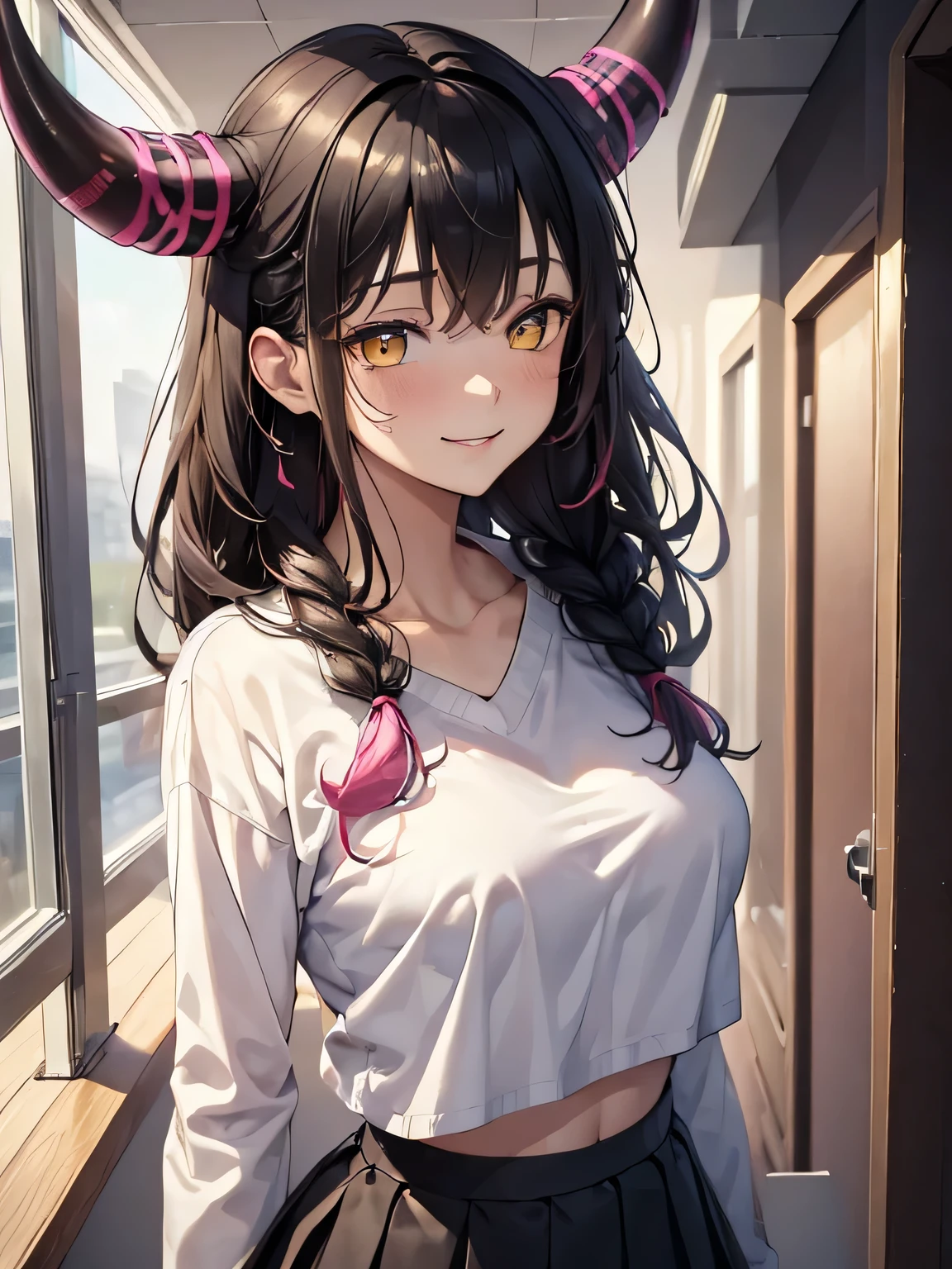 (masterpiece, best quality:1.4), 8k, Black Hair, Pink Highlights, Messy Braided hair, horns, Young adult, anime girl, smile, teasing, light yellow Eyes, big chest, in Campus, Black Sweater, white Skirt (detailed eyes and face, sharp pupils, realistic pupils:0.6)