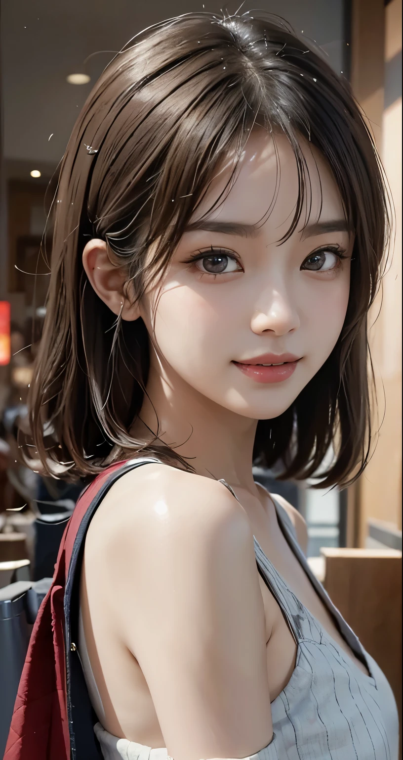 masterpiece, 1 beautiful girl, detailed, Swollen eyes, highest quality, 超High resolution, (reality: 1.4), Original photo, One girl, Cinema Lighting, smile, Japanese, Asian Beauty, Korean, clean, so beautiful, Small young face, Beautiful Skin, thin, Cyberpunk Background, (Ultra-realistic), (High resolution), (8k), (非常にdetailed), (Best illustrations), (Beautiful and detailed eyes), (非常にdetailed), (wallpaper), (detailedな顔), Viewers are watching, The finer details, detailedな顔, Pure Erotic Face Ace_v1, smile, 46 point diagonal bangs, Look straight ahead, Body facing forward, Realistic photos,