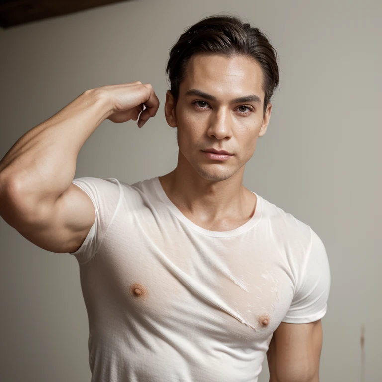 He has captivating doe-like eyes, a delicate nose, and a heart-shaped face. His wider forehead and tapering cheekbones lead to a pointed chin. With a strong and masculine physique, His rich moreno skin adds to his striking appearance. He's wearing a white T-shirt with a little scratch and blood. His background is a place with a zombie.