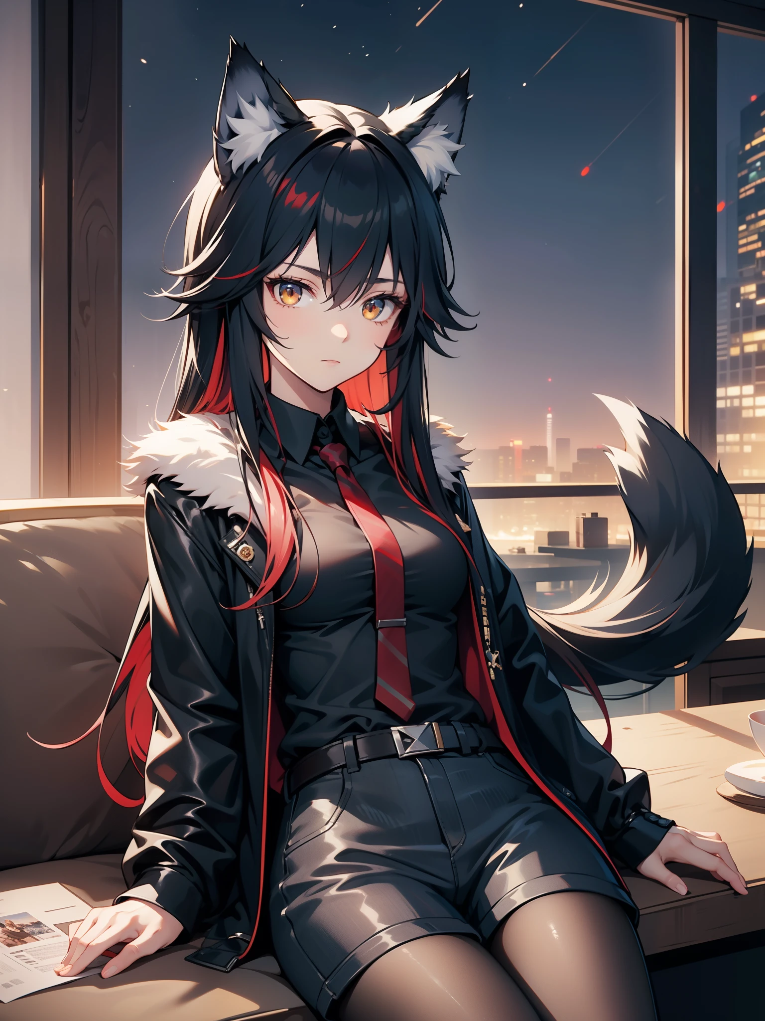 a girl sitting inside a cafe, 1girl, solo, sitting in a cafe, ((night)), (dim light), looking at viewer, cold demeanor, flat expression, white fur jacket, black shirt, shorts, pantyhose, elegant, casual, cellinia texas, texas, arknights, multicolored hair(black hair, red inner hair), long hair, ((wolf tail)), (amber eyes), (animal ears), animal ear fluff, slender body, small breasts, HD, cinematic shot, soft detail, semi realistic background,