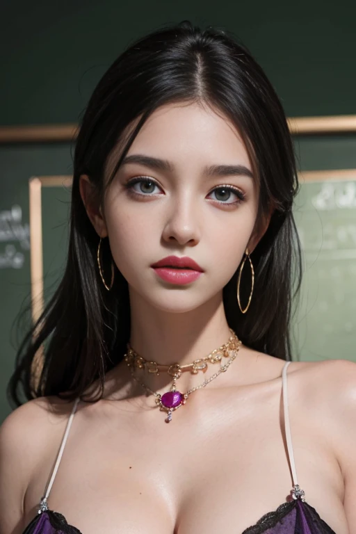 (High resolution 8K), Masterpiece, best quality, realistic ((Medium bust)), hair in one eye, purple eyes, big hoop earrings, sharp eyes, Diamond choker, red gemstone necklace, (symmetrical eyes), (The body is perfectly symmetrical.), Photo of a beautiful 20 year old teenage girl., (The right shape), ((in the teacher&#39;s room)), (black mini skirt), university uniform, (( The young woman wore a tight-fitting white short-sleeved shirt., The buttons are unbuttoned., open chest)) ((Black short pencil skirt The skirt has a deep slit in front of the legs.)), belt, bob, long hair, Lateral smoothness, Blonde hair, Double eyelids, sharp eyeliner, Eye shadow blush with thick eyelashes. Very delicate and beautiful. round chin. Sharp focus. elegant. The study table is full.. Turn your head with your legs open so they are at eye level.. open your legs. Lift your right leg over your left leg.. Let your legs open naturally.. With your legs slightly separated., dynamic gesture, 