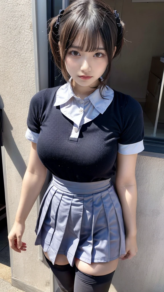 muster piece, best quality, illustration, Super detailed, fine details, High resolution, 8K,wall paper, perfect dynamic composition,(Details High quality, realistic depiction of eyes:1.3), standing, short hair, (wavy hair:1.2), (short sleeve collared dress shirt,tight skirt,thighhighs,zettai ryouiki:1.4), black hair color, Big Natural Color Lip, bold sexy pose, crying a little、cold gaze, Harajuku style、acrobatic pose, 20 year old girl、cute type、ta、beautiful legs, gravure idol, Japanese idol, huge breasts
