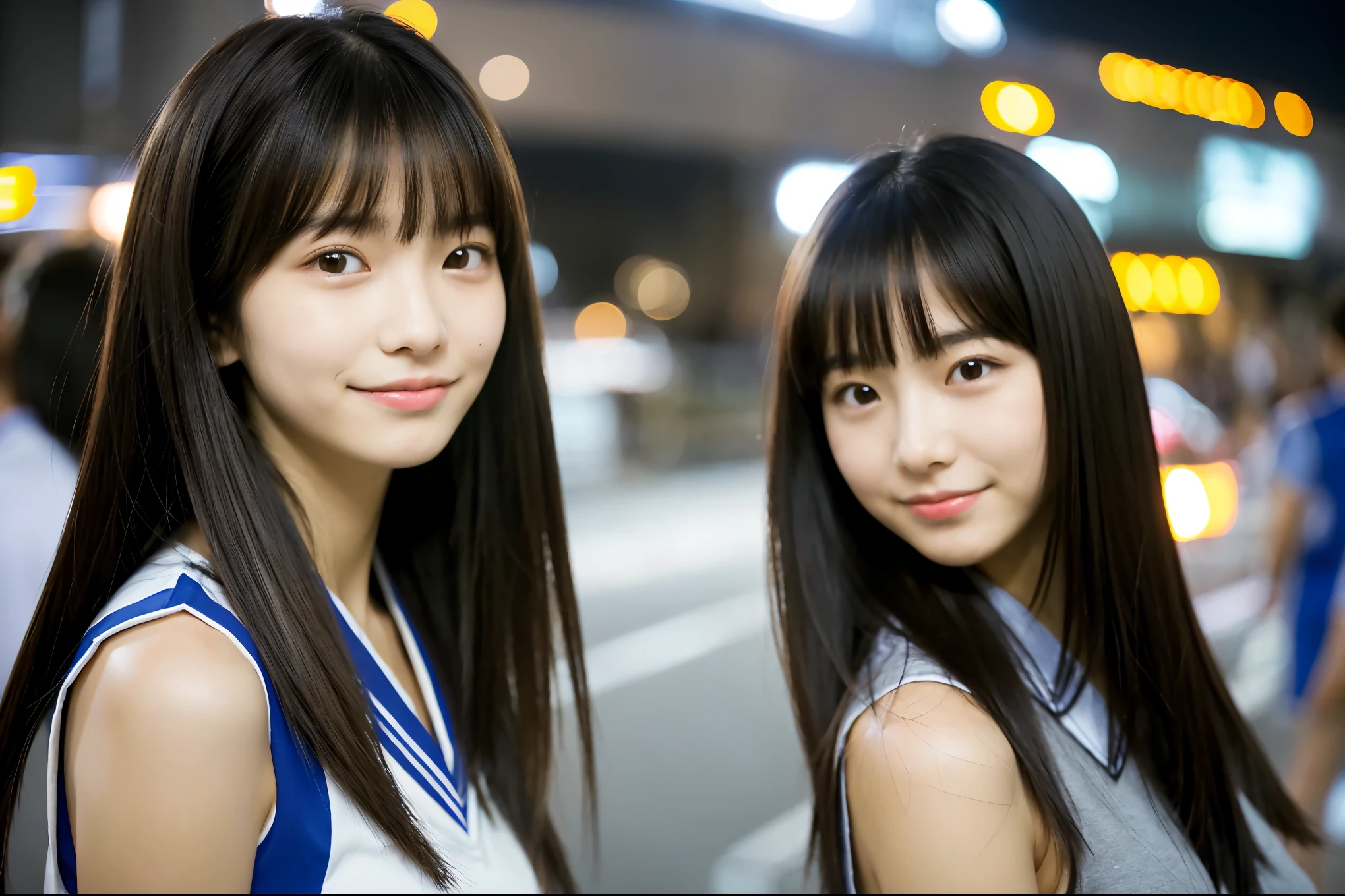 Very detailed super high quality super high quality Surreal photograph 3 Japanese girls Very detailed (Each girl has a different hairstyle randomly、A different face:1.3) smile Fair skin 16 years old ((Half-open lips:1.3)) Beautiful and soft skin ((Beautifully styled straight short hair)) Beautiful and perfect body very cute Beautiful young man with clear skin々New Skins 16 years old (High school girl wearing a sleeveless shirt) Big Breasts whole body Everyday City Busy city ((night)) audience'perspective Front view (Big Breasts:1.3) (Cleavage) (Amazingly cute girl:1.3) (whole bodyポートレート)