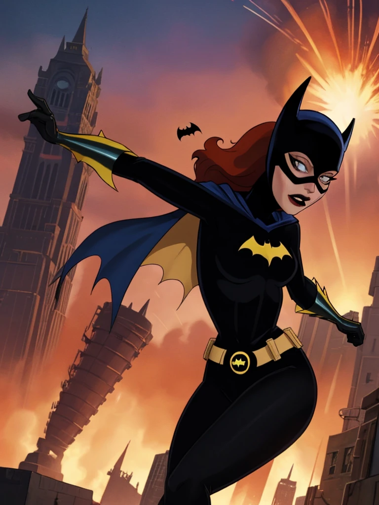 score_9, score_8_up, score_7_up, score_6_up, 1girl, solo, batgirl is running in front of an explosion, mask, black lips, red hair, belt, torn bodysuit, black bodysuit, sideboob, pointy breasts, cape, yellow gloves, gotham city, red sky, dirigible, bloom