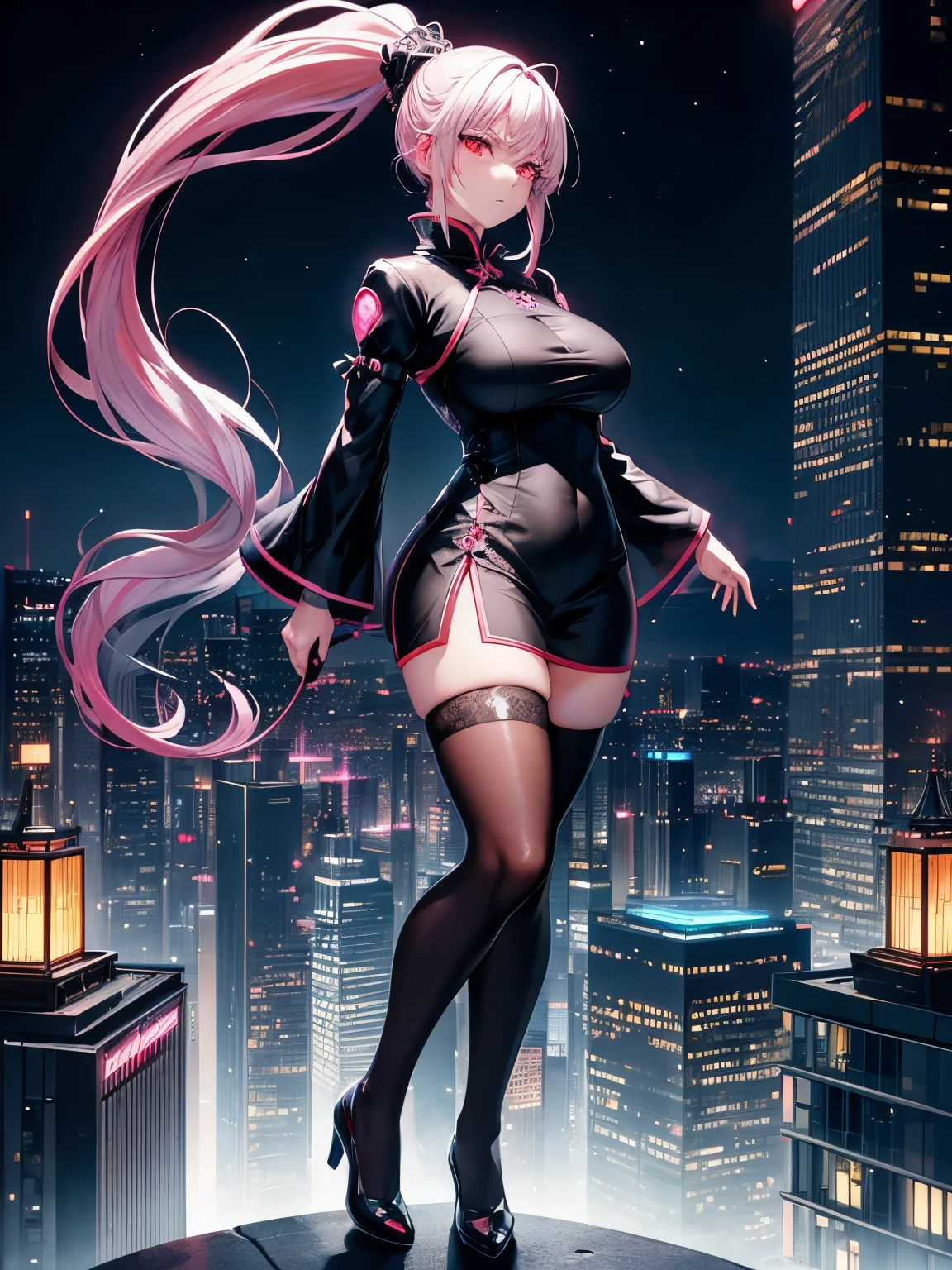 anime, (artwork, best quality, ultra-detailed, high contrast), 1 woman (Alone, full body, plus size body, standing on the edge of the skyscraper, silver hair, LONG In a ponytail, red eyes ruby sparkles, (simple black qipao, black cybernetics with neon pink), transparent black socks), (skyscraper roof, overlooking a city, detailed background ((night time, Darkness, low light pollution)))