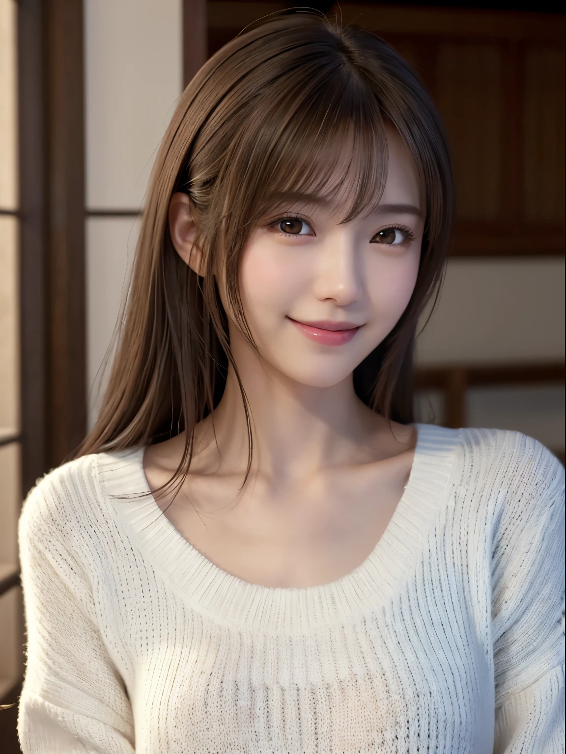 1 Japanese girl,(White sweater:1.4), (RAW Photos, highest quality), (Realistic, Photorealistic:1.4), Tabletop, Very delicate and beautiful, Very detailed, 8k wallpaper, wonderful, In detail, Very detailedなCG Unity, High resolution, Soft Light, Beautiful Details 19 years old, Very detailedな目と顔, Beautifully detailed nose, Beautiful fine details,Cinema Lighting,Perfect Anatomy,Slender body,smile  (Asymmetrical bangs,)