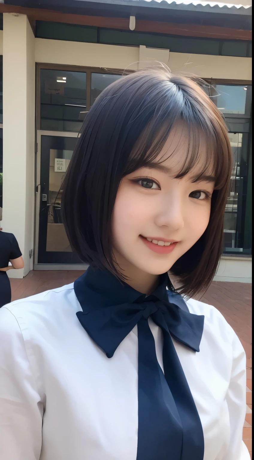 Highly detailed 8k wallpaper), short hair, Sharp focus, detailed, dramatic, Delicate and beautiful , White shirt, Navy blue ribbon color, Dark blue pleated micro mini, sexy, smile, Looking into the viewer, Beautiful graphics, Bright school building, Full of students, Show your whole body,.??? appeal