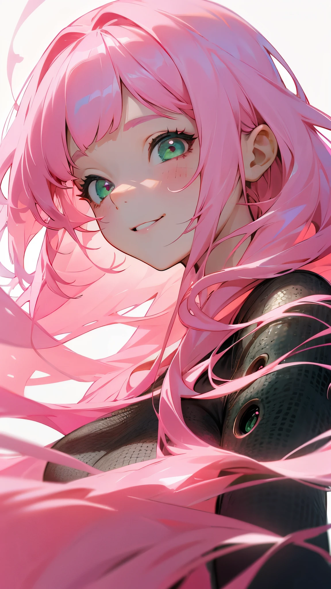 One Girl、single、alone、Trypophobia Eyes、Pink Hair、Long Hair、bangs、Pink Hair、Straight hair、Green Eyes、Beautiful Eyes、Upper body close-up、Side body、smile