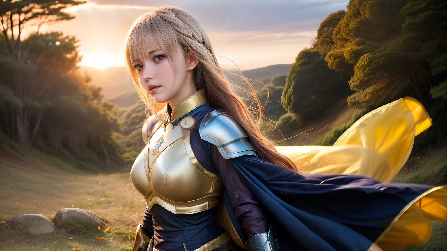 "Step into the world of Konosuba and envision a realistic portrayal of Lalatina, better known as Darkness. Imagine her standing amidst a vast, open field, the golden hues of the sunset casting a warm glow upon her armor-clad figure. Her posture is upright, yet there's a subtle tension in her stance, hinting at a readiness for battle. The intricate details of her armor catch the light, reflecting a sense of resilience and strength. But it's her eyes that draw you in – deep pools of determination, tinged with a hint of vulnerability. As the wind tousles her hair, strands of it dance gently around her face, framing features that speak of both nobility and earnestness. Despite the armor, there's a softness to her expression, a kindness that belies her warrior exterior. In the distance, the faint sounds of nature mingle with the rustle of leaves, creating a serene backdrop to this moment of introspection. You can almost feel the weight of her convictions, the inner conflict between duty and desire, as she gazes into the horizon with unwavering resolve. This portrayal captures Lalatina in a raw, authentic light, transcending the boundaries of animation to evoke a sense of realism and depth to her character." beatiful girl.