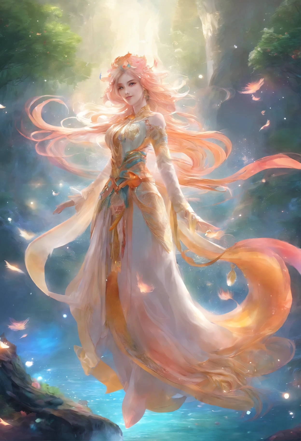 太陽はShine，Edges shine，Inner brilliance，One Fish，Betta，Nice tail，colorful，Wandering in the clouds，（White cloud），colorful light，Rainbow-colored，Shine，（Irregular light spots），High-end products，8k，detailed，Ray Tracing，Depth of written boundary，Cinema lighting，
