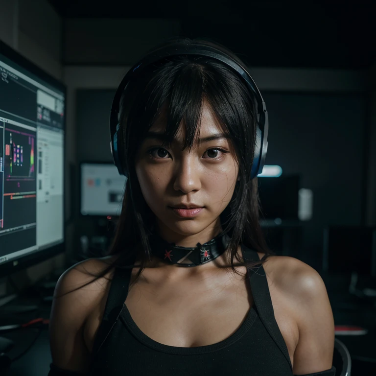 japanese gamer girl playing valorant in a dark room with multiple monitor display and a RGB lit CPU wearing a gamer headset, best quality, ultra realistic, perfect body, beautiful face, accurate details