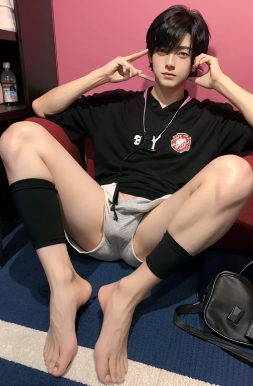 Two boys、Handsome、18-year-old、Japan boys、Black Hair、Club room、Change of clothes、between legs、bulge、Take off your clothes、Show bare skin、Spread your legs
