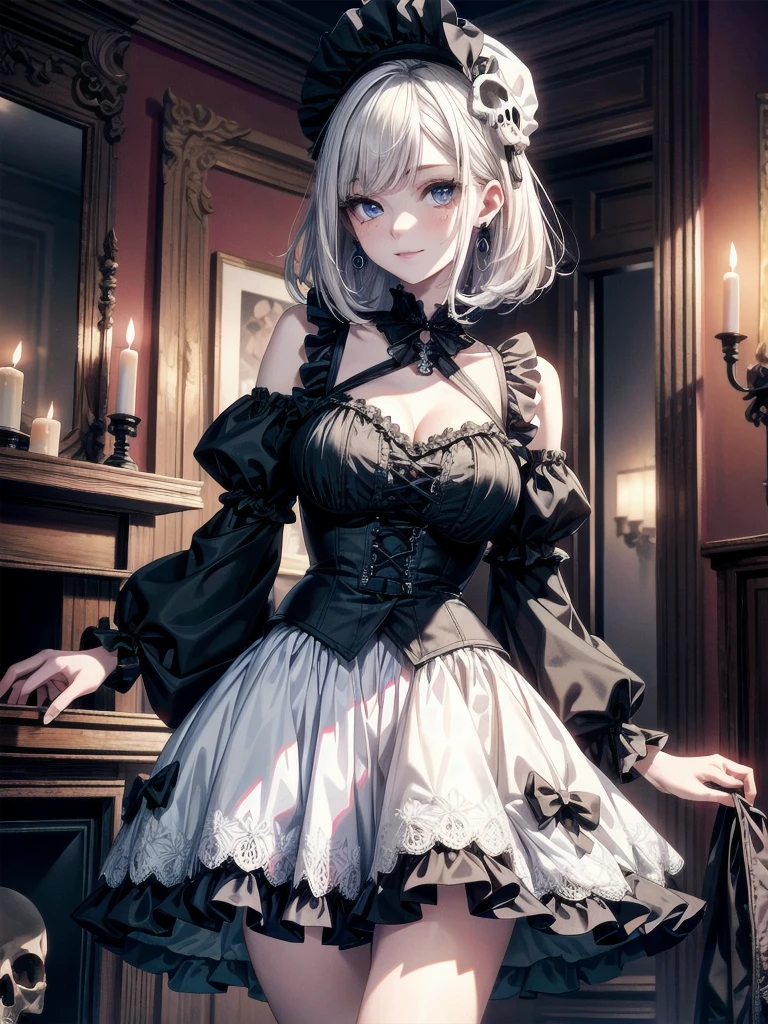 whole body, inside basement, skirt, shirt, long sleeves, frills, smile, creepy, skulls, candle, hair ornament, bone, doll, tapestry, Magic Circle, horror theme, Colossal tits, absurdres, RAW photo, extremely delicate and beautiful, masterpiece, Best Quality, ultra high resolution, 32k, hyperrealistic, ultra-detailed, detailed description, pale skin, 20 years old, detailed beautiful face and eyes, tearful mole, earring, Colossal tits, short medium hair, wavy hair,