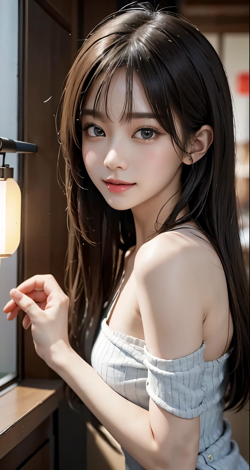 masterpiece, 1 beautiful girl, detailed, Swollen eyes, highest quality, 超High resolution, (reality: 1.4), Original photo, One girl, Cinema Lighting, smile, Japanese, Asian Beauty, Korean, clean, so beautiful, Small young face, Beautiful Skin, thin, Cyberpunk Background, (Ultra-realistic), (High resolution), (8k), (非常にdetailed), (Best illustrations), (Beautiful and detailed eyes), (非常にdetailed), (wallpaper), (detailedな顔), Viewers are watching, The finer details, detailedな顔, Pure Erotic Face Ace_v1, smile, 46 point diagonal bangs, Look straight ahead, Body facing forward, Realistic photos,