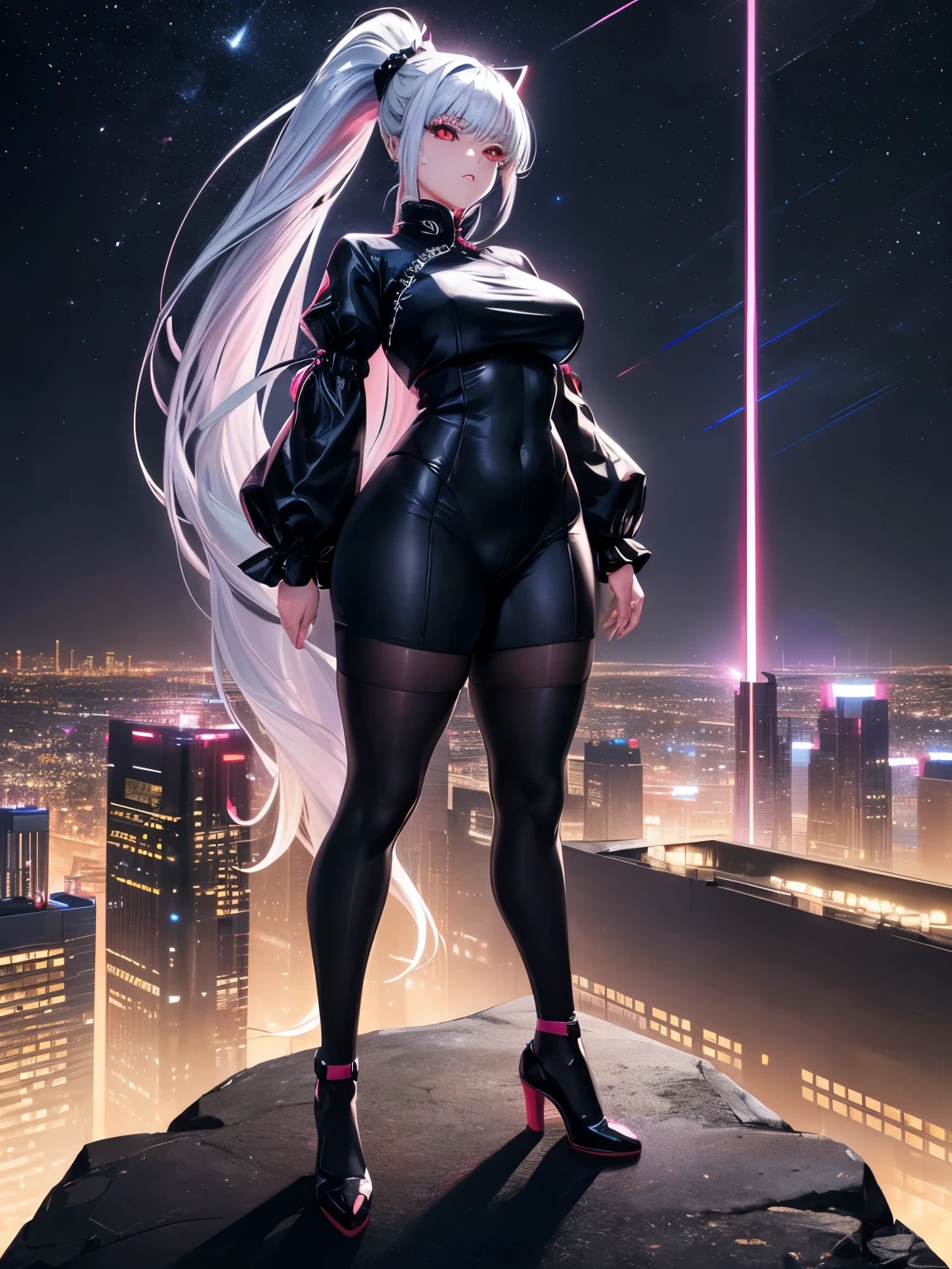 anime, (artwork, best quality, ultra-detailed, high contrast), 1 woman (Alone, full body, plus size body, standing on the edge of the skyscraper, silver hair, LONG In a ponytail, red eyes ruby sparkles, (simple black qipao, black cybernetics with neon pink), transparent black socks), (skyscraper roof, overlooking a city, detailed background ((night time, Darkness, low light pollution)))