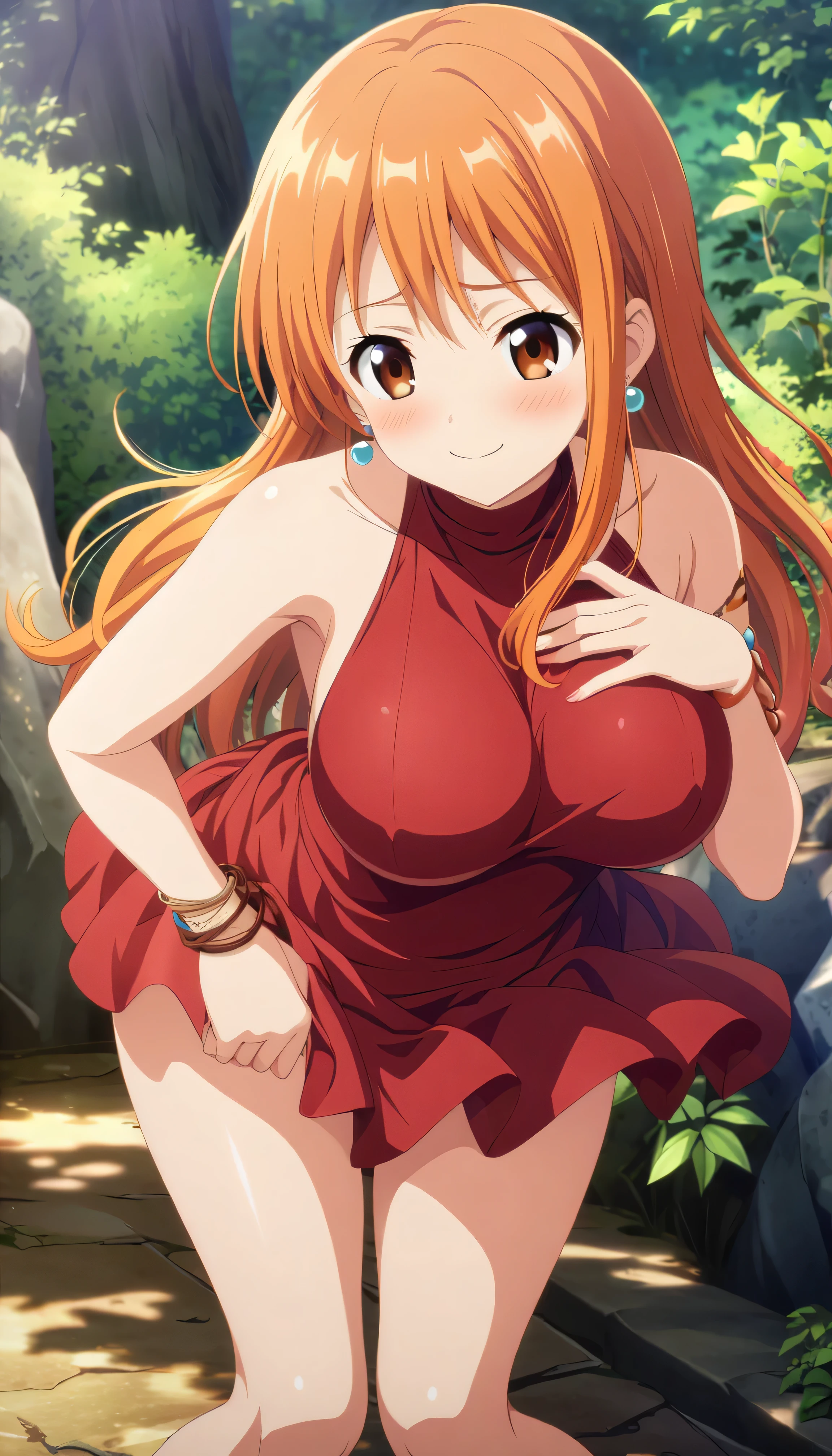 cg,anime chisato,nami,solo, orange hair,brown eyes,long hair, jewelry,bracelet, earrings, red dress,red sleeveless,red turtleneck,red sleeveless turtleneck dress,red miniskirt, bare shoulders,large breasts,outdoors,smile,closed mouth,blush, nsfw, sexy pose, erotic