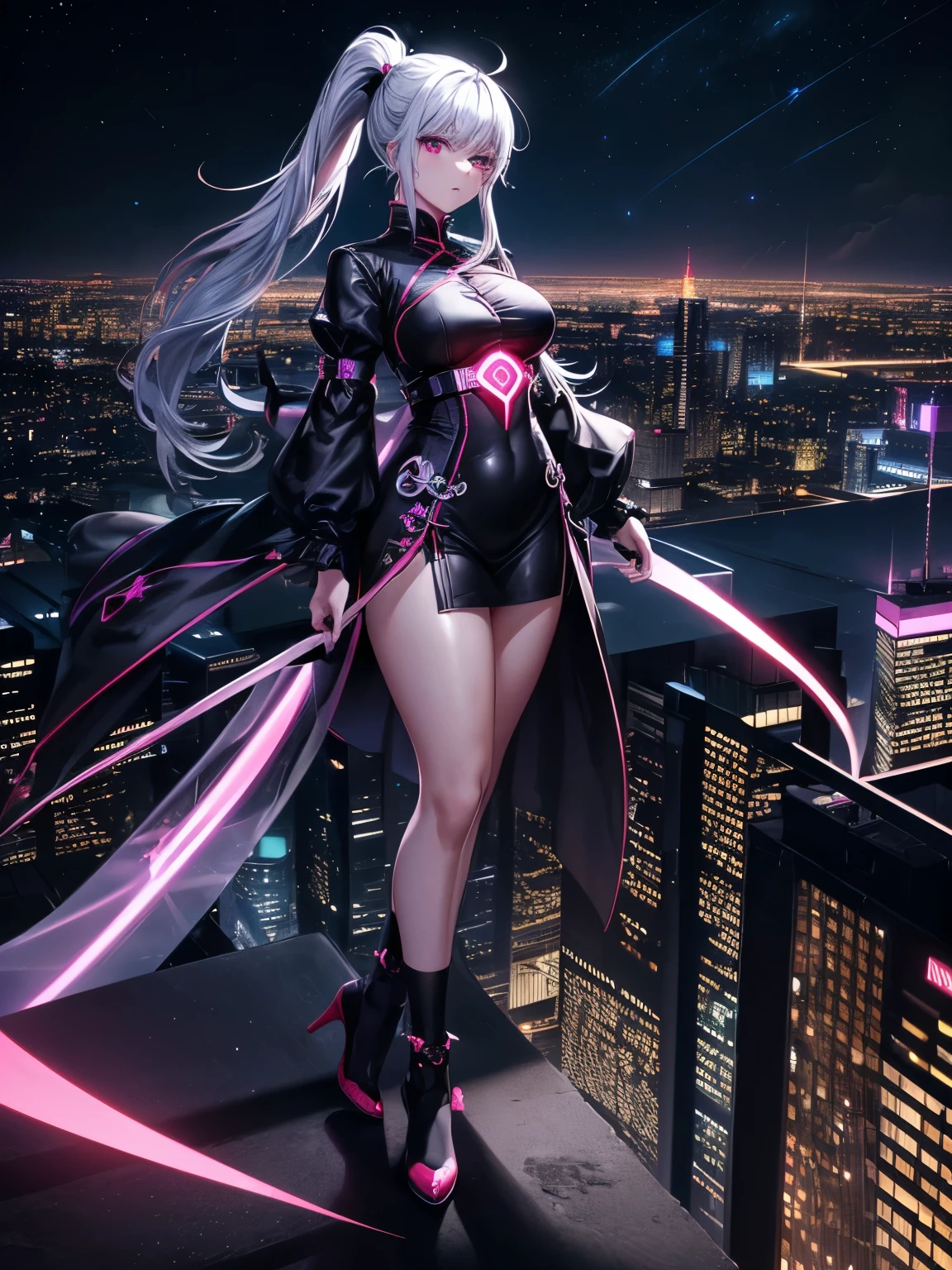 anime, (artwork, best quality, ultra-detailed, high contrast), 1 woman (Alone, full body, plus size body, standing on the edge of the skyscraper, silver hair, LONG In a ponytail, red eyes ruby sparkles, (simple black qipao, black cybernetics with neon pink), transparent black socks), (skyscraper roof, overlooking a city, detailed background ((night time, Darkness, low light pollution)))