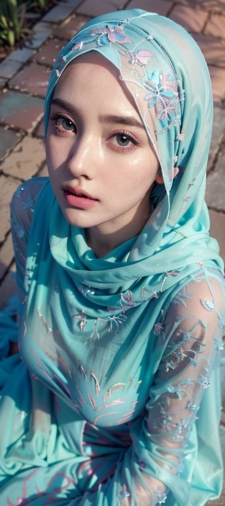 Realistic photo,wearing party dress and long hijab aqua colours, look from above, hyperrealistic, masterpiece, sweet ekspresion, melancholy , closeup photo, bright eyes, sexy lips, detailed makeup, detailed eyes cornea, wearing hijab no hair looks, blush pink cheek, outdoor background, full body