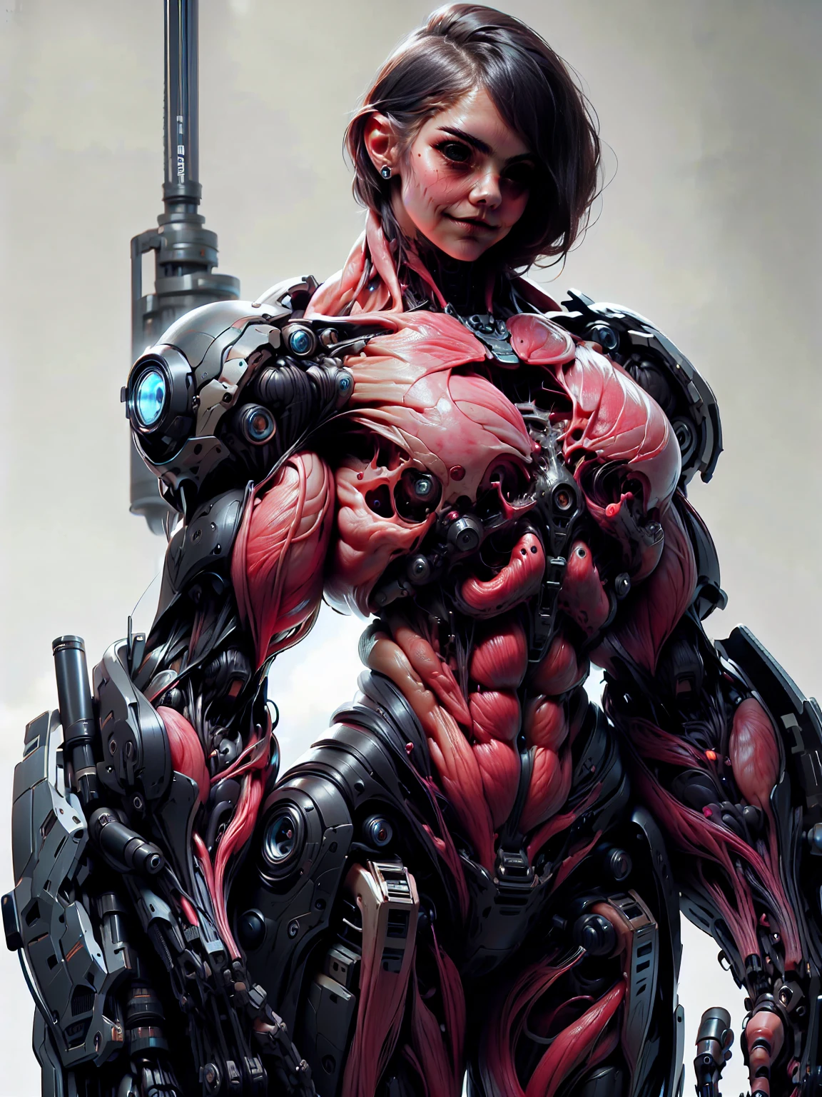 (1 girl), (cara delevingne), (muscular android girl wearing a black anatomic cybernetic muscle suit:1.25), (wide shoulders:1.25), (muscular defined physique:1.25), perfect hands, long hair, large breasts, looking at viewer, high resolution image, extreme detail, blank background
