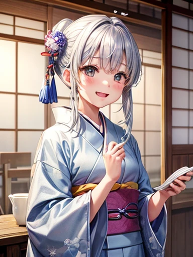 cute、Silver Hair、Japanese、Staring at this、Fleeting、masterpiece、vivid、kimono、Laughter、kind