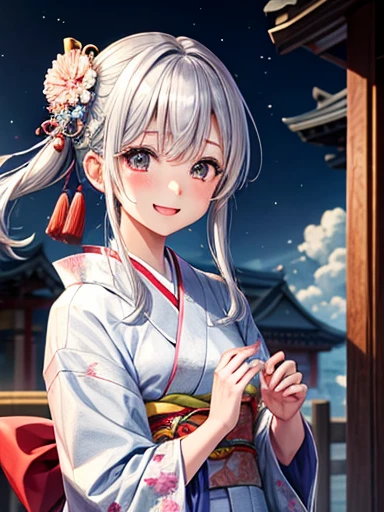cute、Silver Hair、Japanese、Staring at this、Fleeting、masterpiece、vivid、kimono、Laughter、kind