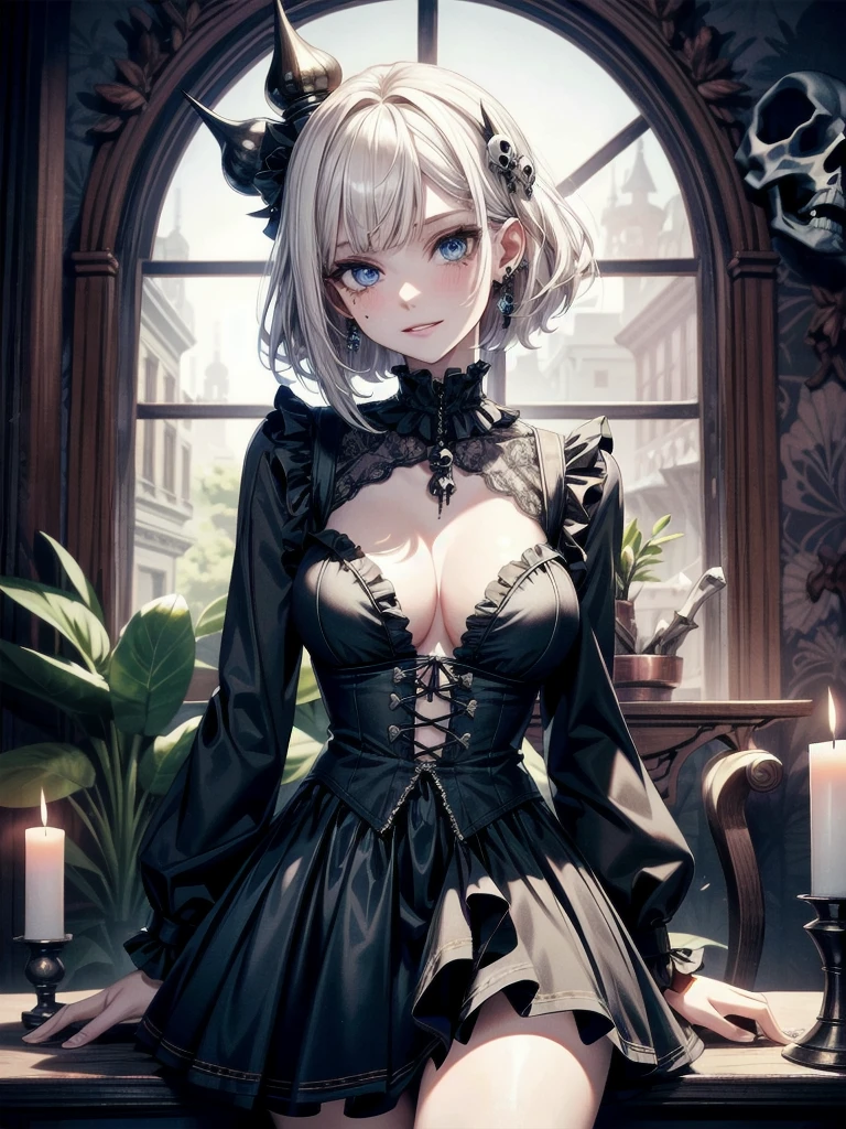 whole body, inside basement, skirt, shirt, long sleeves, frills, evil grin, creepy, skulls, candle, hair ornament, bone, doll, tapestry, Magic Circle, horror theme, Colossal tits, blood splatter, blood on clothes, blood stain, absurdres, RAW photo, extremely delicate and beautiful, masterpiece, Best Quality, ultra high resolution, 32k, hyperrealistic, ultra-detailed, detailed description, pale skin, 20 years old, detailed beautiful face and eyes, tearful mole, earring, Colossal tits, short medium hair, wavy hair,