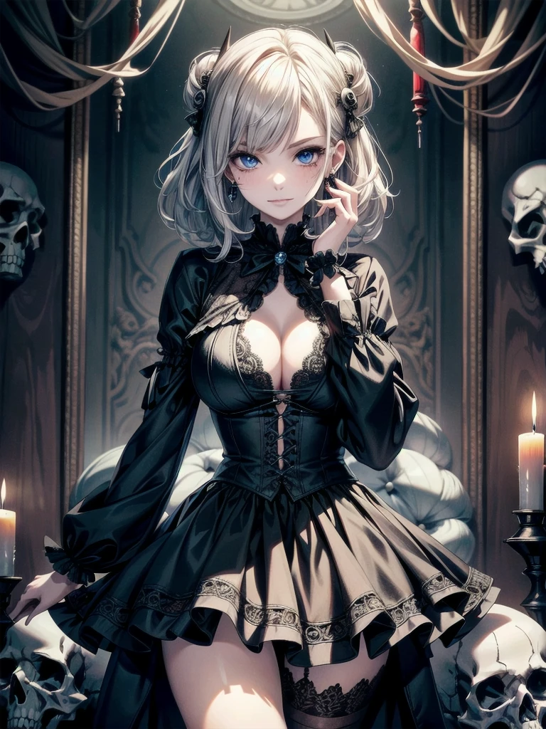 whole body, inside basement, skirt, shirt, long sleeves, frills, evil grin, creepy, skulls, candle, hair ornament, bone, doll, tapestry, Magic Circle, horror theme, Colossal tits, blood splatter, blood on clothes, blood stain, absurdres, RAW photo, extremely delicate and beautiful, masterpiece, Best Quality, ultra high resolution, 32k, hyperrealistic, ultra-detailed, detailed description, pale skin, 20 years old, detailed beautiful face and eyes, tearful mole, earring, Colossal tits, short medium hair, wavy hair,