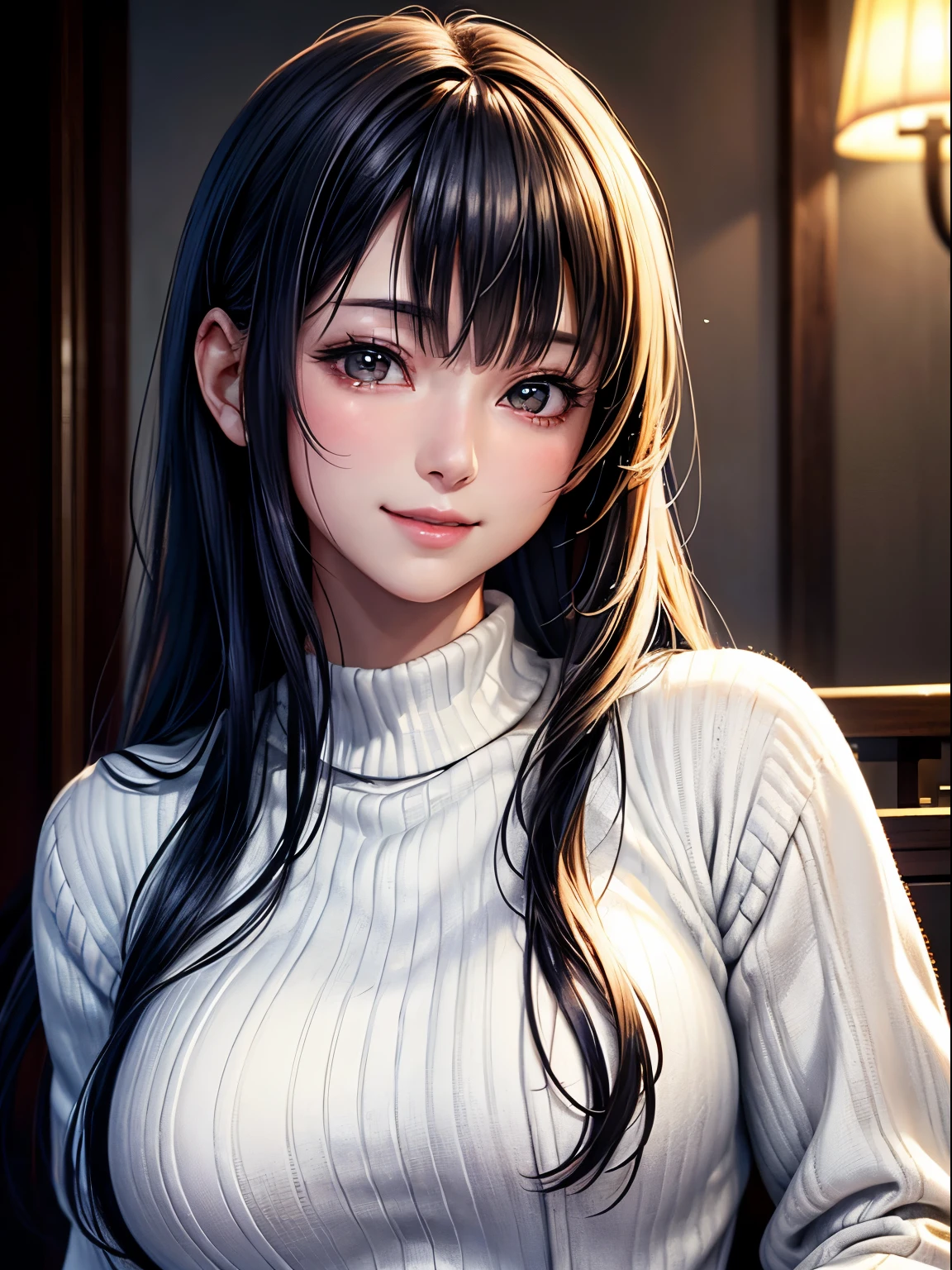 1 Japanese girl,(White sweater:1.4), (RAW Photos, highest quality), (Realistic, Photorealistic:1.4), Tabletop, Very delicate and beautiful, Very detailed, 8k wallpaper, wonderful, In detail, Very detailedなCG Unity, High resolution, Soft Light, Beautiful Details 19 years old, Very detailedな目と顔, Beautifully detailed nose, Beautiful fine details,Cinema Lighting,Perfect Anatomy,Slender body,smile (Asymmetrical bangs,)