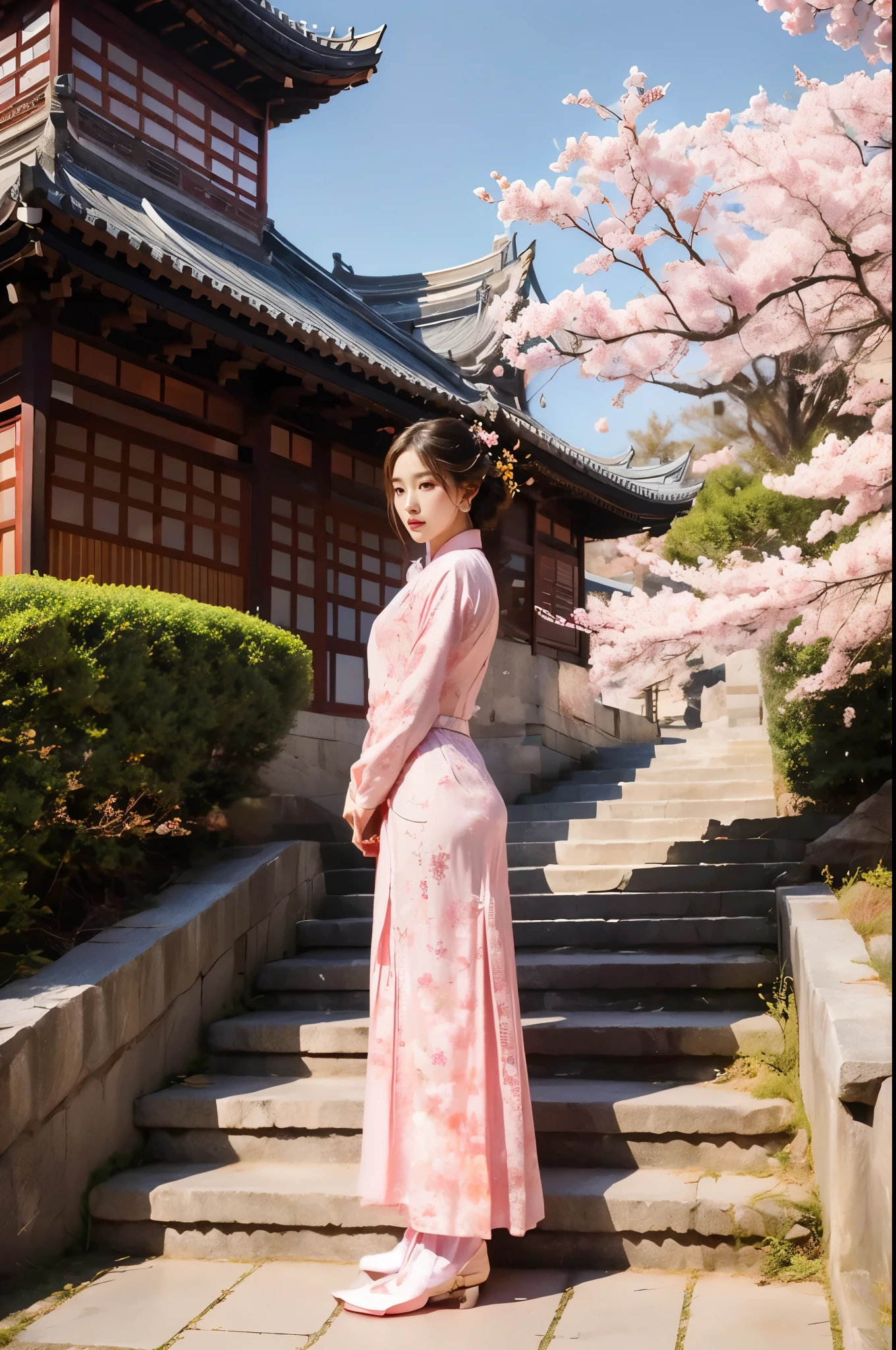 Girl wearing pink antique long cheongsam，Turn your head 45 degrees to the left，Direct vision，Very delicate face，Body slightly tilted to the right，The left foot is in front，The right foot is behind，Hands together，Black curly hair，Style reference: Sword King 3，folk-custom，Ancient style classical style，Beauty Mage，The background is a split-level loft，Cherry blossoms blooming next to，Stone floor underfoot，Behind is the stone steps，Design and costumes from Honor of Kings Zhen Ji&#39;s Garden Dream，Inspiration: Song Maojin，Elegant Numbers，Beautiful full body concept art，Beautiful digital artwork，Flowing cherry blossom silk, Chen Lin, Rob Ray and Kentaro Miura style, inspired by Fenghua Zhong, by Qu Leilei, by Lengmei, by Li Song