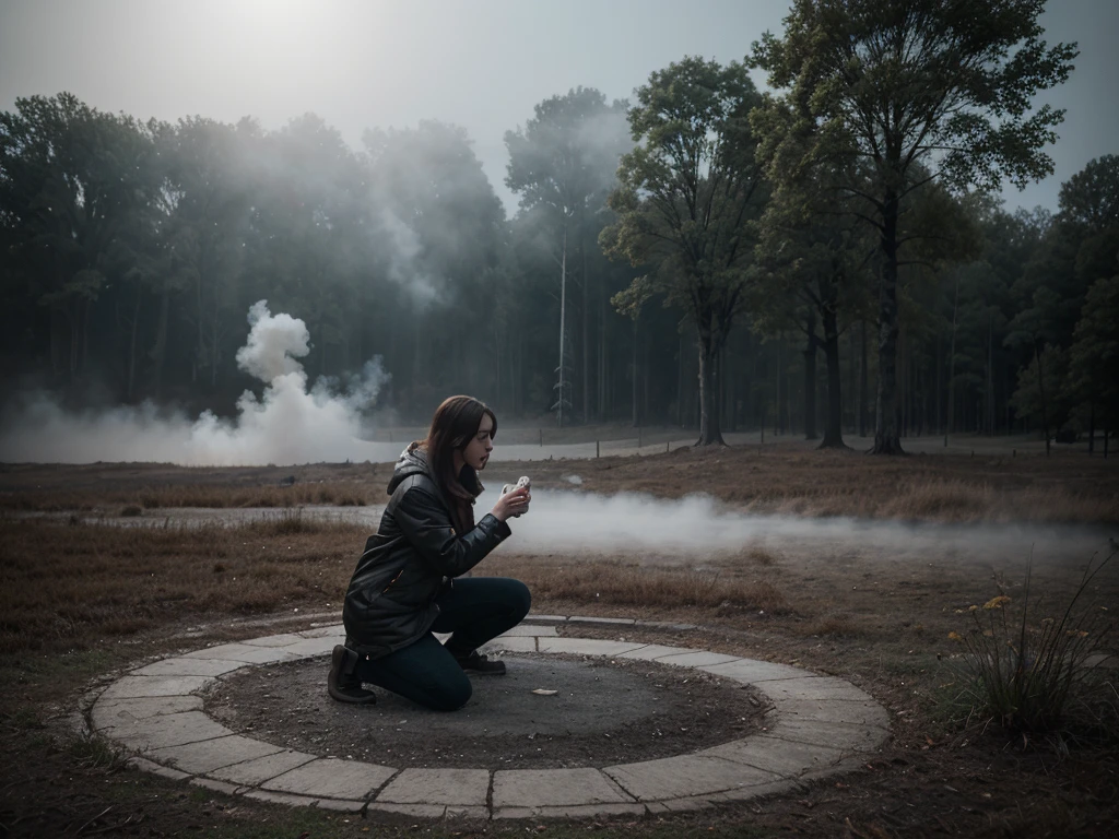 angelinak, sfw, ((sfw)), woman kneeling outdoor  in a playground.  The character is surrounded by mist, evoking a mysterious and eerie atmosphere. The lighting is dark and atmospheric, with a red smoke adding a touch of sinister ambiance. The image is of the best quality, with a resolution of 4k and HDR enhancement, showcasing the utmost level of detail and realism, sfw, full body shot.