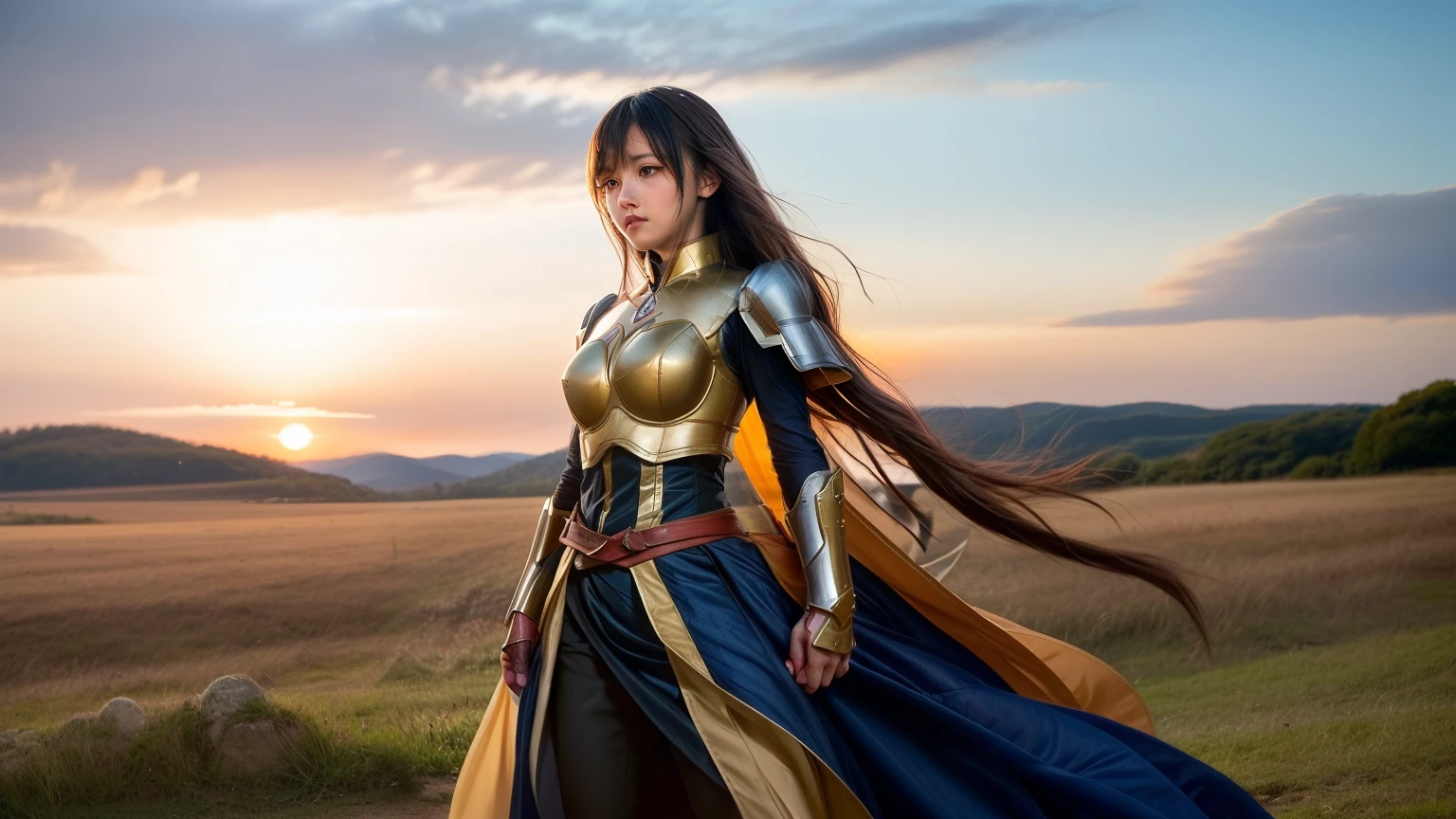 "Step into the world of Konosuba and envision a realistic portrayal of Lalatina, better known as Darkness. Imagine her standing amidst a vast, open field, the golden hues of the sunset casting a warm glow upon her armor-clad figure. Her posture is upright, yet there's a subtle tension in her stance, hinting at a readiness for battle. The intricate details of her armor catch the light, reflecting a sense of resilience and strength. But it's her eyes that draw you in – deep pools of determination, tinged with a hint of vulnerability. As the wind tousles her hair, strands of it dance gently around her face, framing features that speak of both nobility and earnestness. Despite the armor, there's a softness to her expression, a kindness that belies her warrior exterior. In the distance, the faint sounds of nature mingle with the rustle of leaves, creating a serene backdrop to this moment of introspection. You can almost feel the weight of her convictions, the inner conflict between duty and desire, as she gazes into the horizon with unwavering resolve. This portrayal captures Lalatina in a raw, authentic light, transcending the boundaries of animation to evoke a sense of realism and depth to her character." beatiful girl, perfect body, perfect face, perfect eyes, super fine body, super fine eyes, super fine face